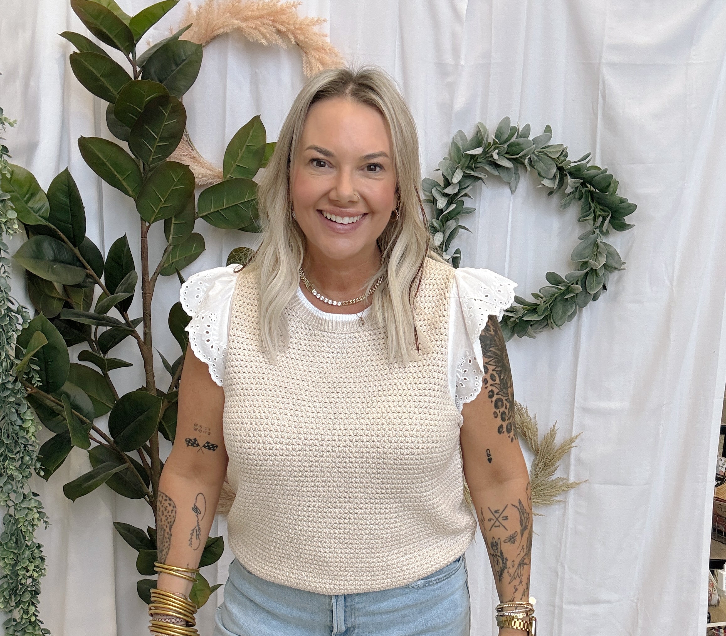 Natural Eyelet Sweater Top-Short Sleeve Tops-staccato-The Silo Boutique, Women's Fashion Boutique Located in Warren and Grand Forks North Dakota