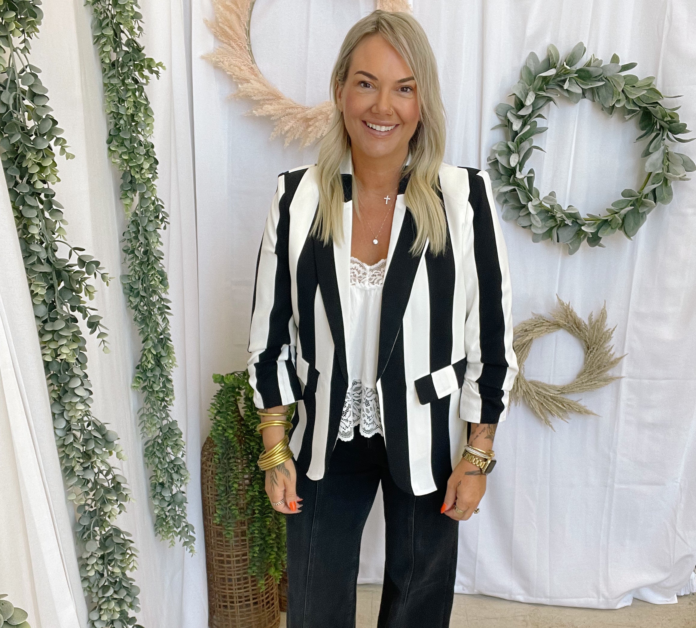 Viv Striped Blazer-Black and White-Blazers-oddi-The Silo Boutique, Women's Fashion Boutique Located in Warren and Grand Forks North Dakota