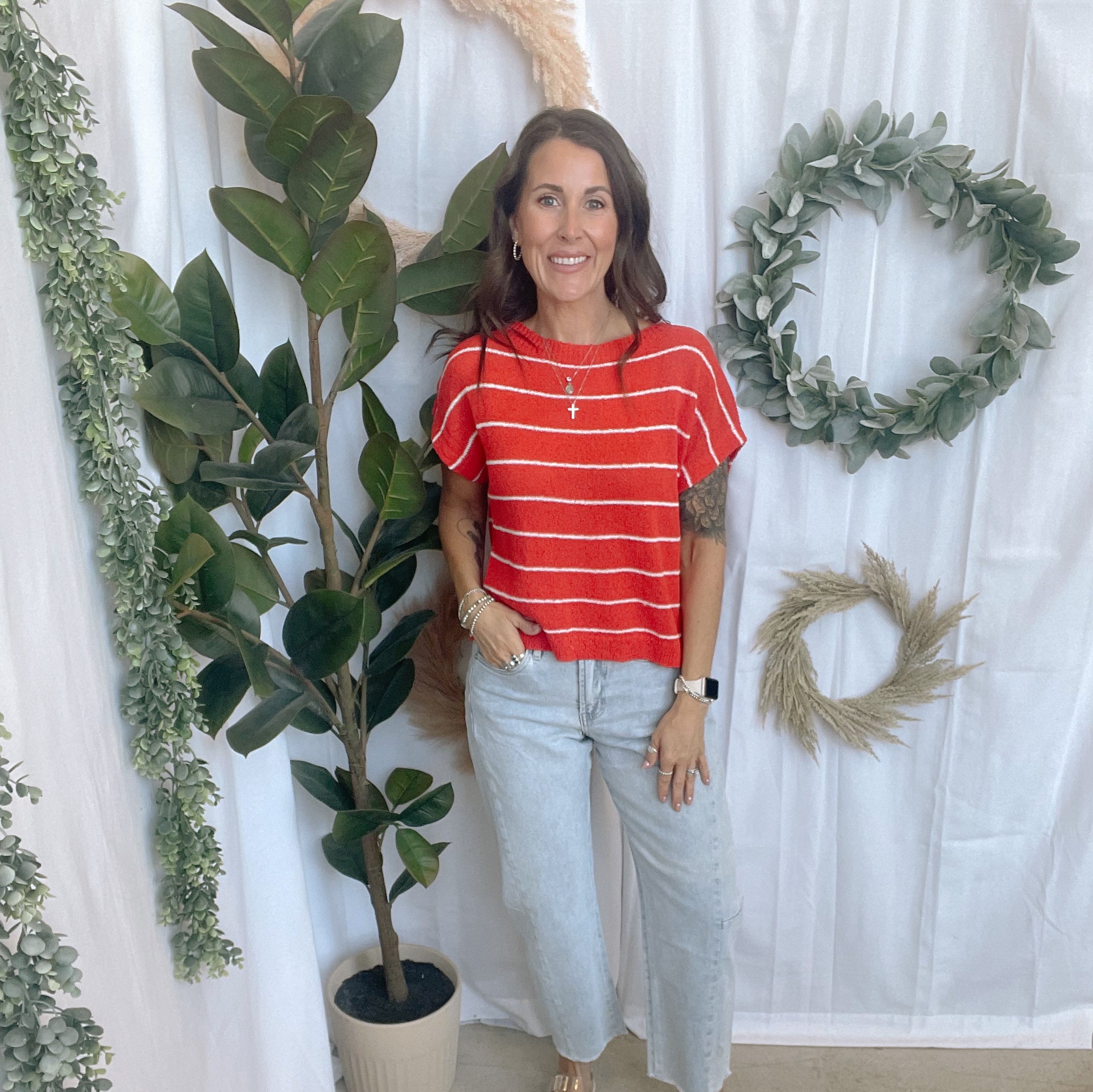 Tomato Striped Sweater Top-Short Sleeve Tops-cozy co-The Silo Boutique, Women's Fashion Boutique Located in Warren and Grand Forks North Dakota