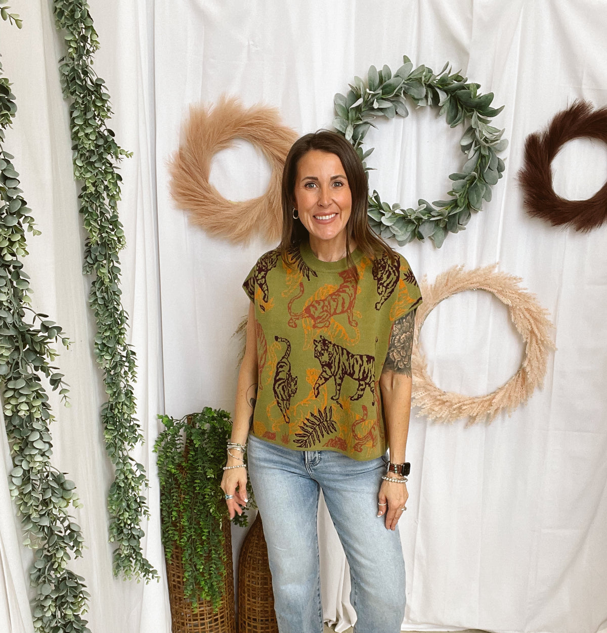 Taryn Tiger Cap Sleeve Sweater-Olive-Sweaters-ENTRO-The Silo Boutique, Women's Fashion Boutique Located in Warren and Grand Forks North Dakota