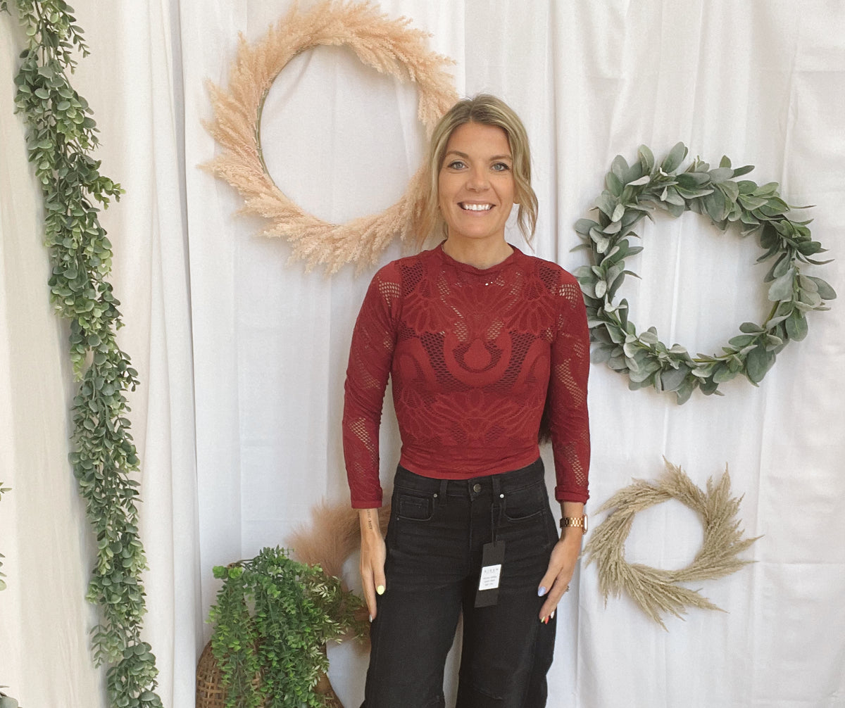 Knit Seamless Jacquard Top-Merlot-Long Sleeve Tops-by together-The Silo Boutique, Women's Fashion Boutique Located in Warren and Grand Forks North Dakota