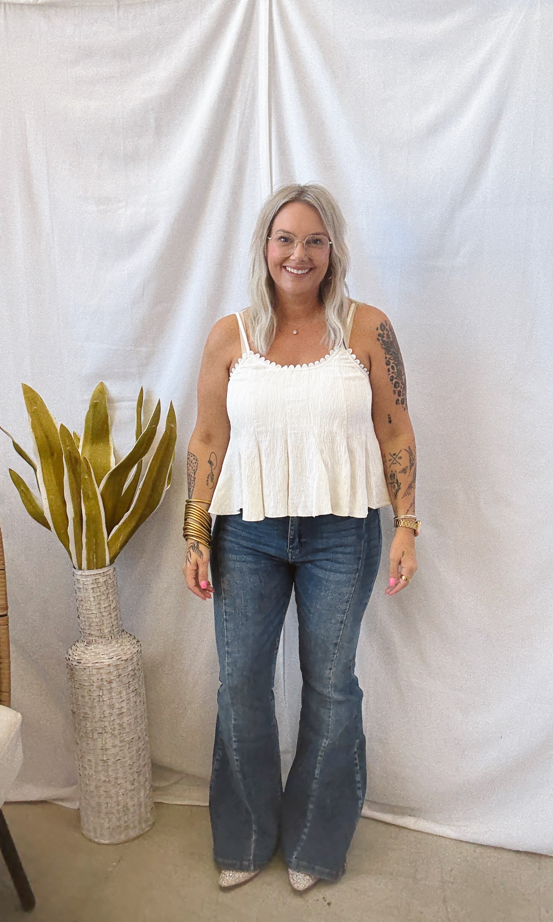 Crinkle Spaghetti Strap Tank-Cream-Tank Tops-Umgee-The Silo Boutique, Women's Fashion Boutique Located in Warren and Grand Forks North Dakota