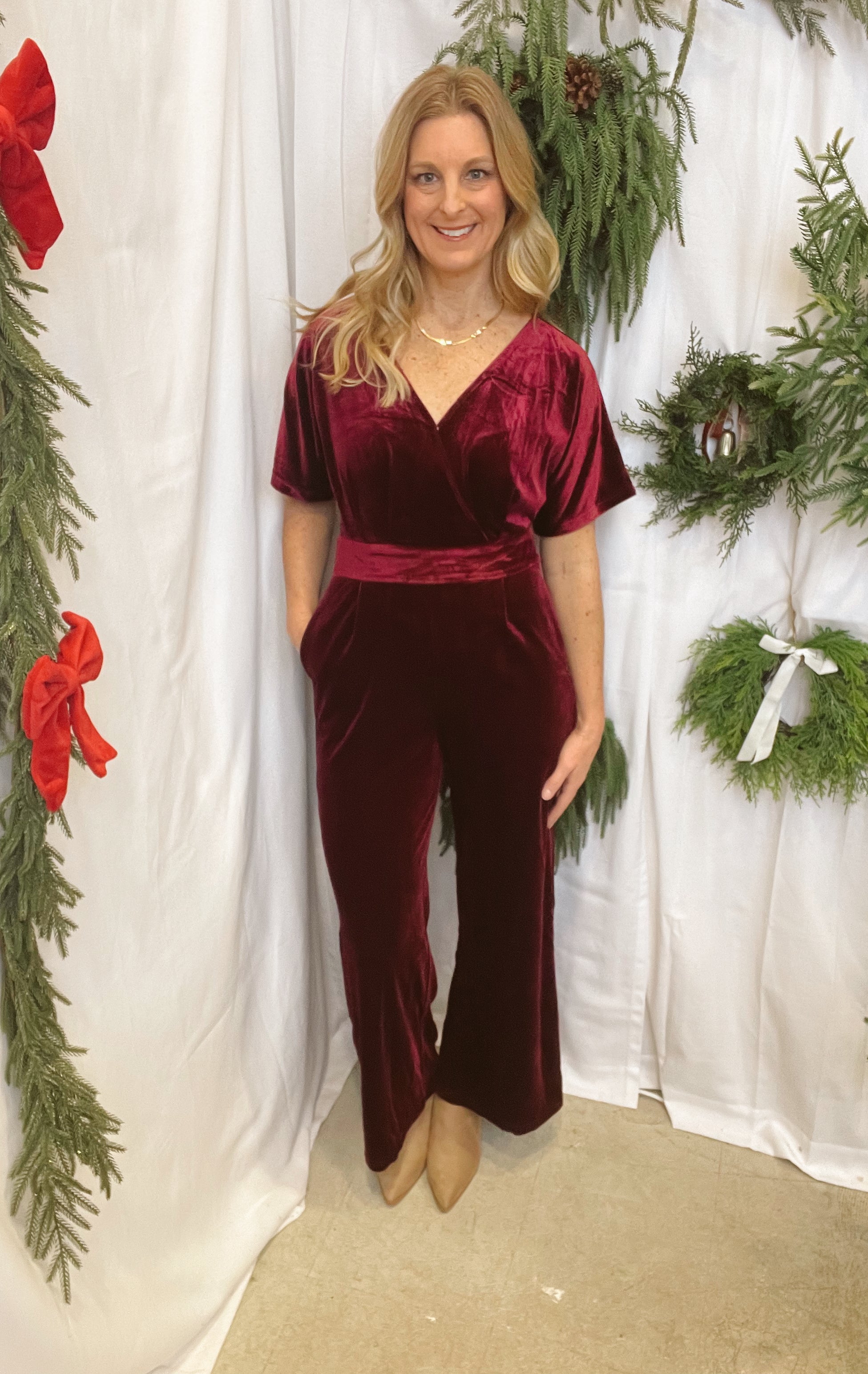 Burgundy Velvet Jumper-Jumpsuits & Rompers-hem and thread-The Silo Boutique, Women's Fashion Boutique Located in Warren and Grand Forks North Dakota