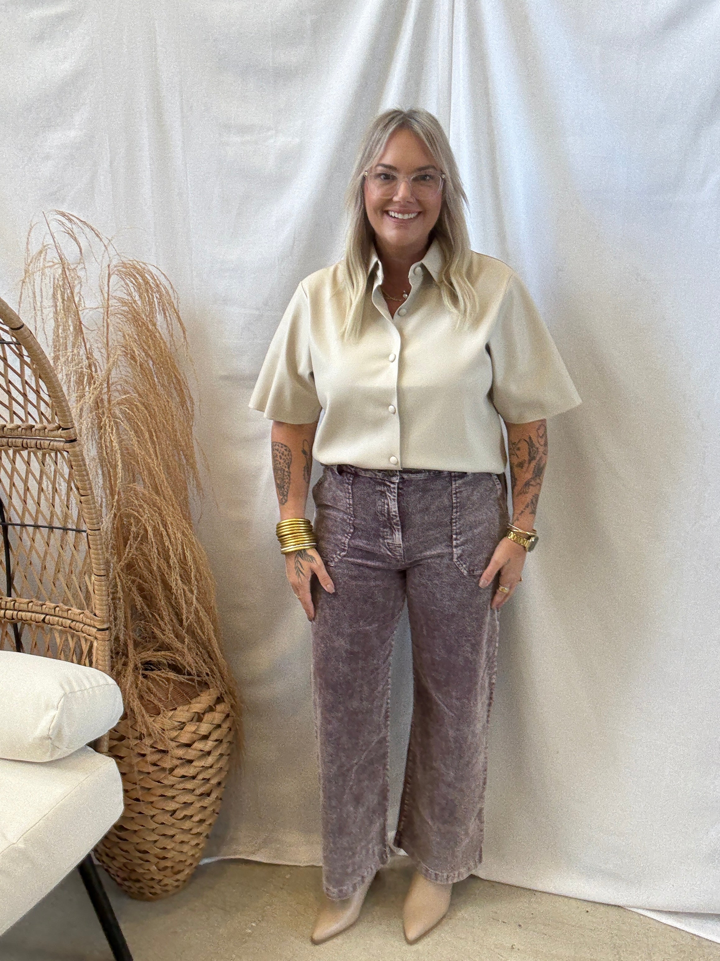 Leather Short Sleeve Button Down Top-Oatmeal-Short Sleeve Tops-eesome-The Silo Boutique, Women's Fashion Boutique Located in Warren and Grand Forks North Dakota