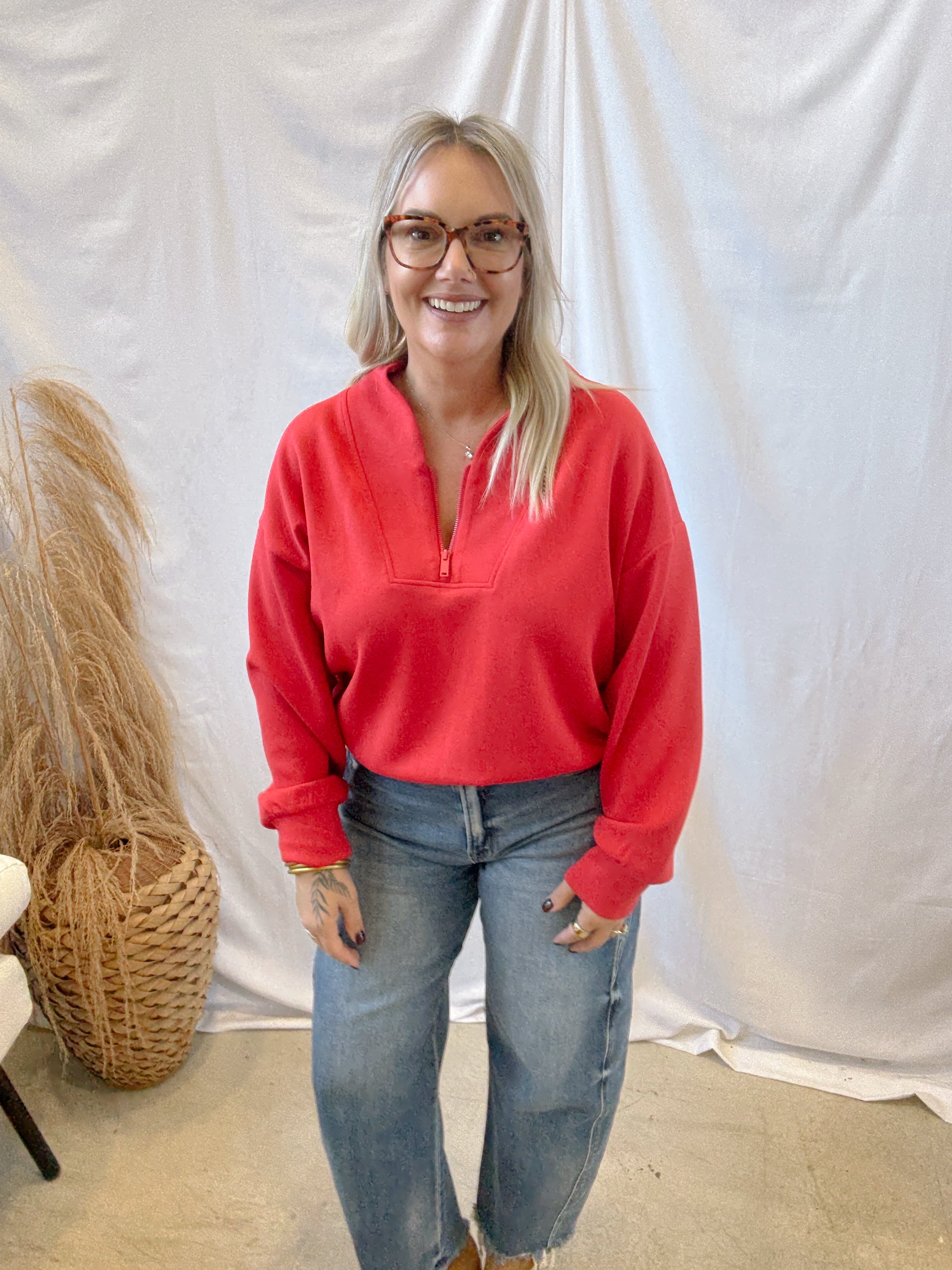 Rae Scuba Luxe V Neck Sweatshirt-Red-Sweatshirts-rae mode-The Silo Boutique, Women's Fashion Boutique Located in Warren and Grand Forks North Dakota