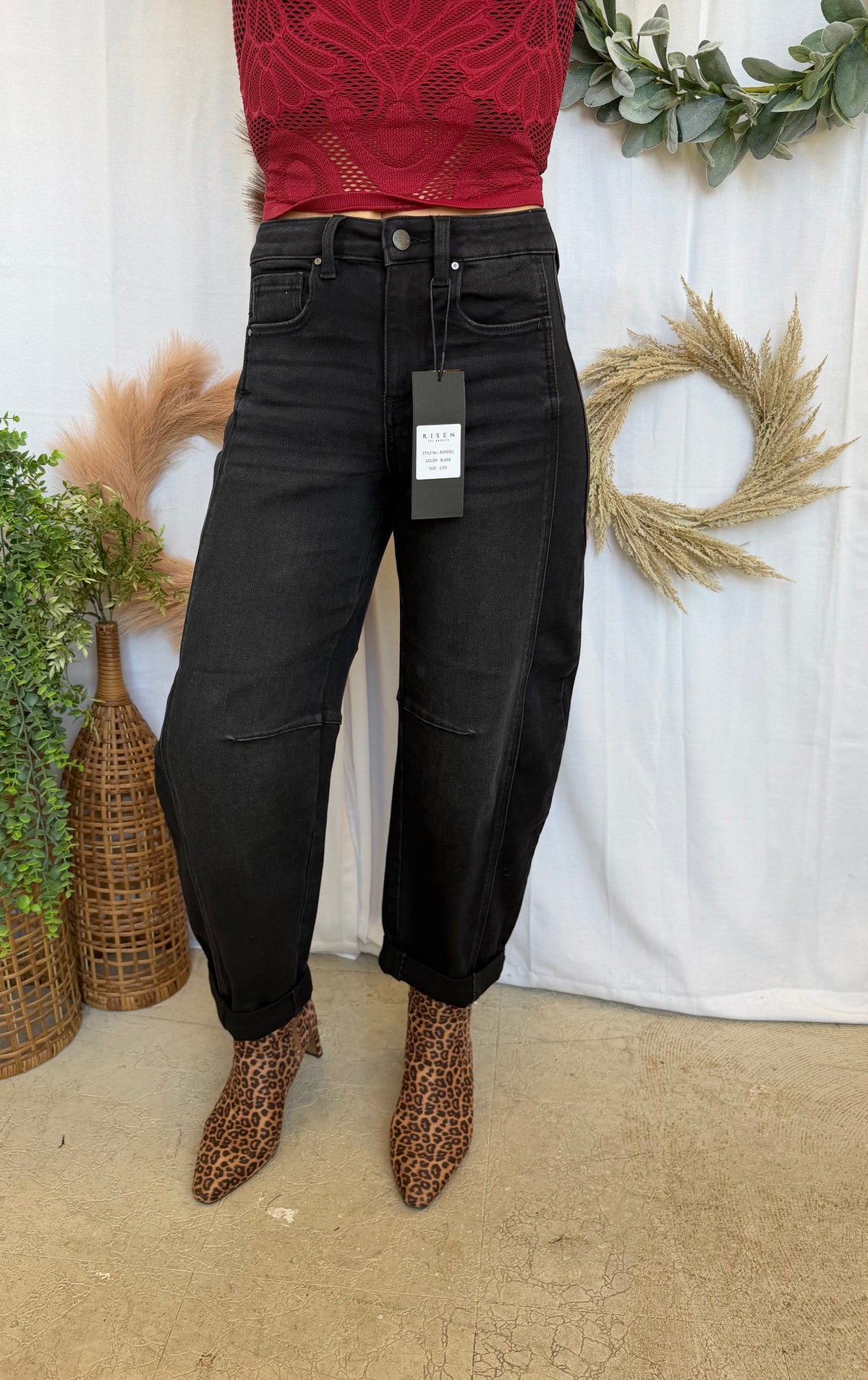 Risen Crop Barrel Cuffed Jeans-Black-Jeans-risen-The Silo Boutique, Women's Fashion Boutique Located in Warren and Grand Forks North Dakota