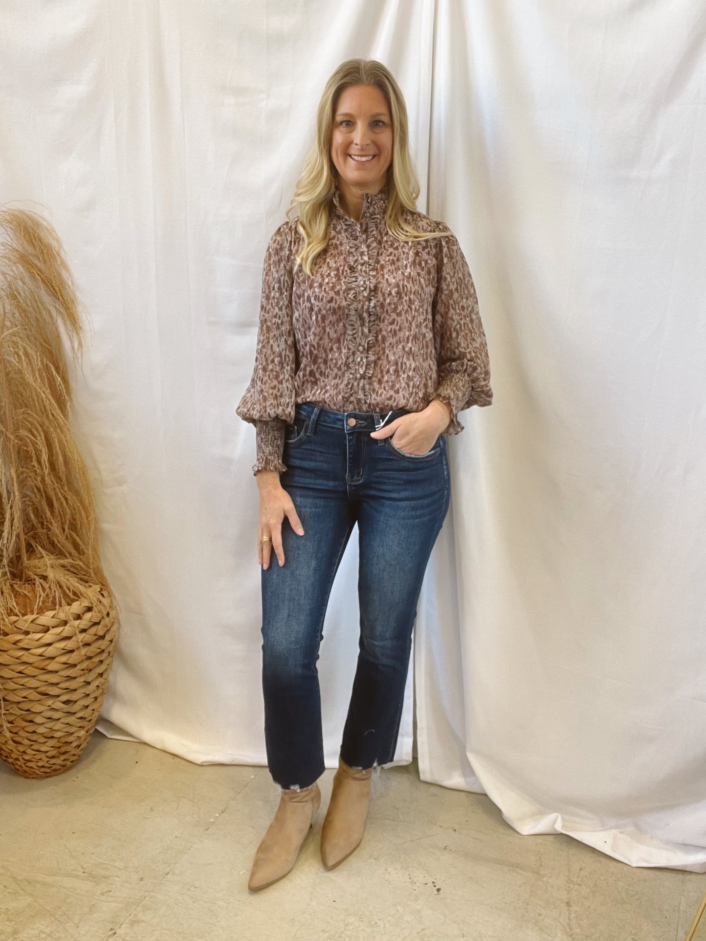 Fate Brown Ruffle Blouse-Long Sleeve Tops-fate-The Silo Boutique, Women's Fashion Boutique Located in Warren and Grand Forks North Dakota
