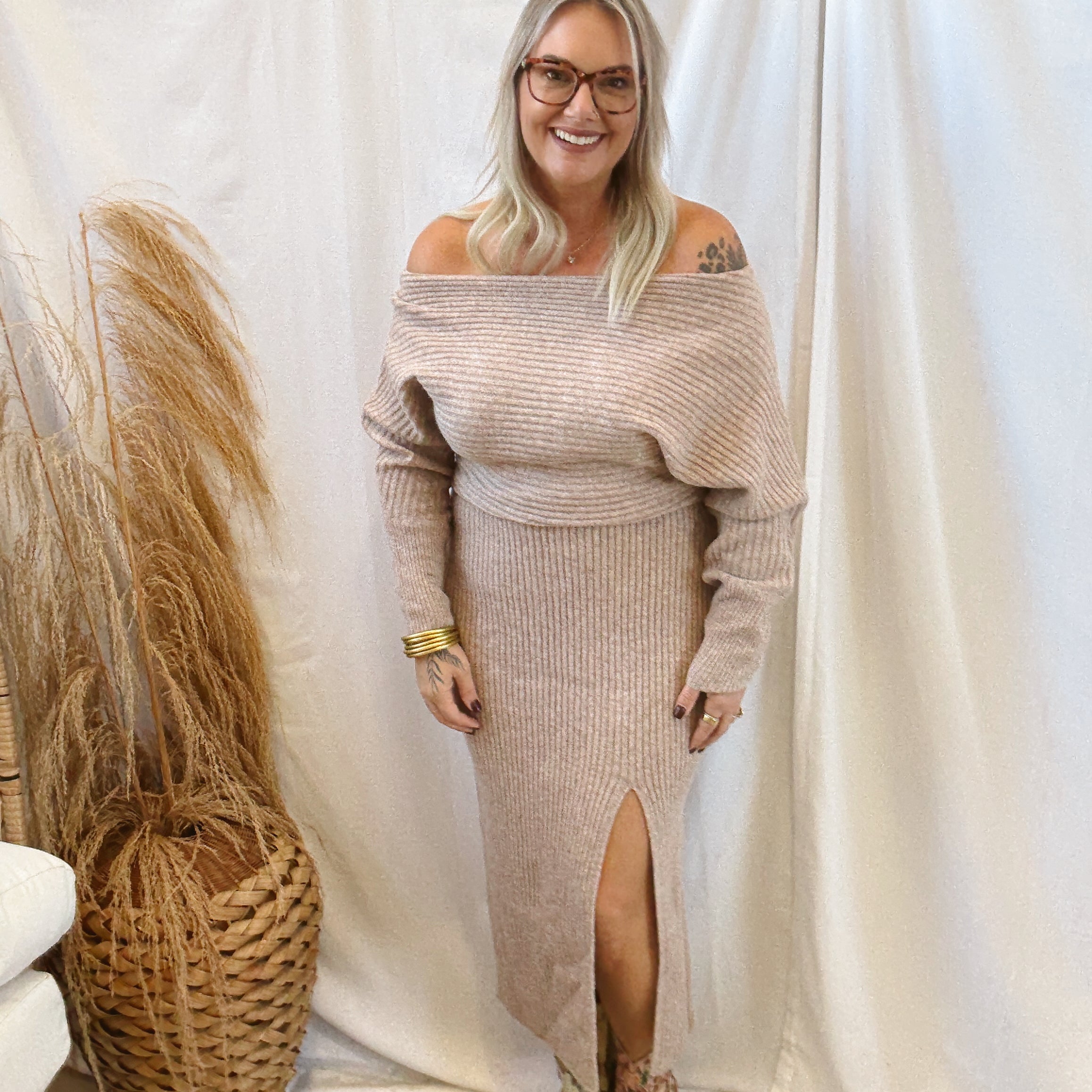 Latte Off The Shoulder Sweater Dress-Dresses-bluivy-The Silo Boutique, Women's Fashion Boutique Located in Warren and Grand Forks North Dakota