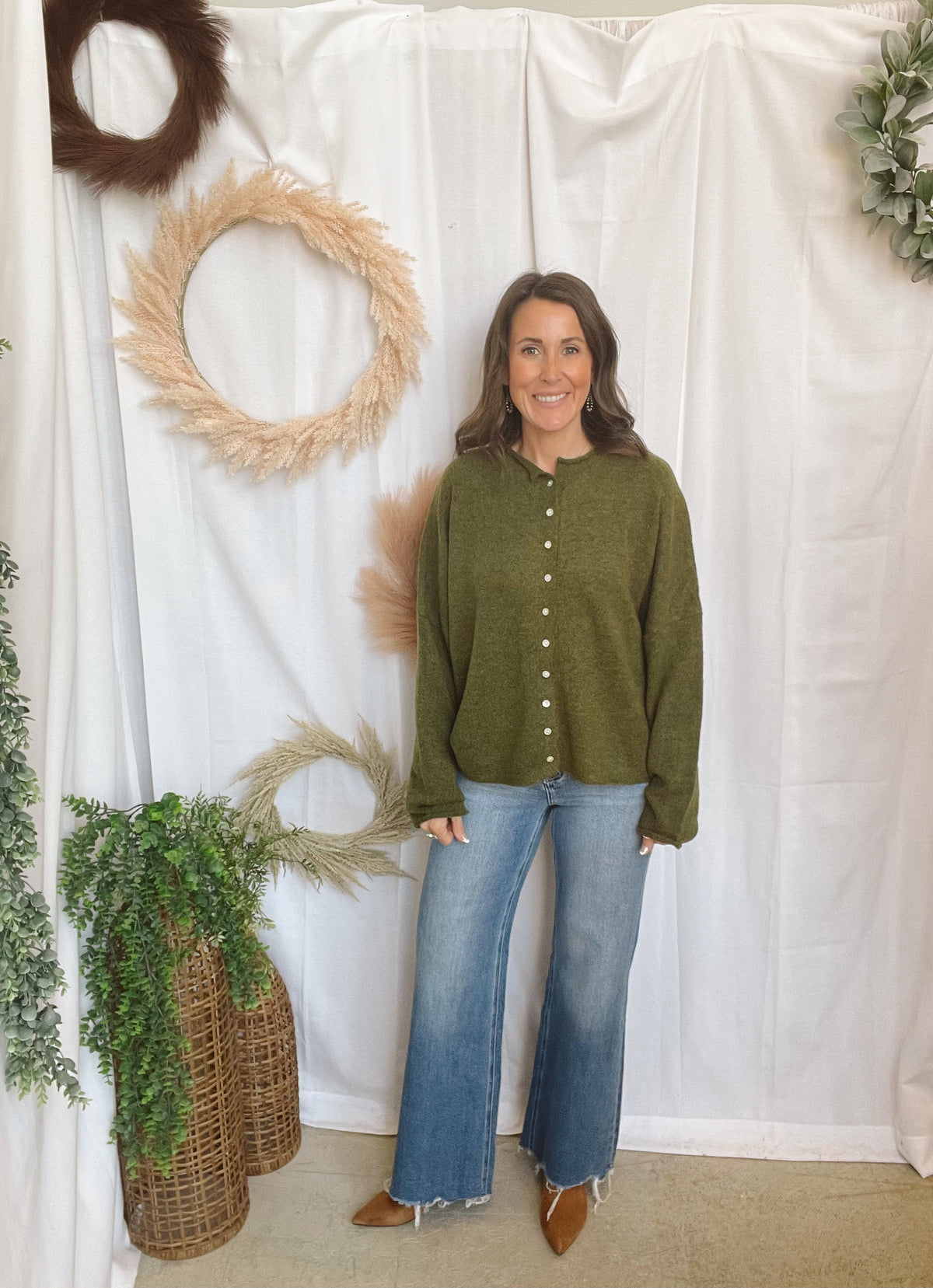 Melanie Button Down Cardigan-Olive Green-Cardigans-merci-The Silo Boutique, Women's Fashion Boutique Located in Warren and Grand Forks North Dakota