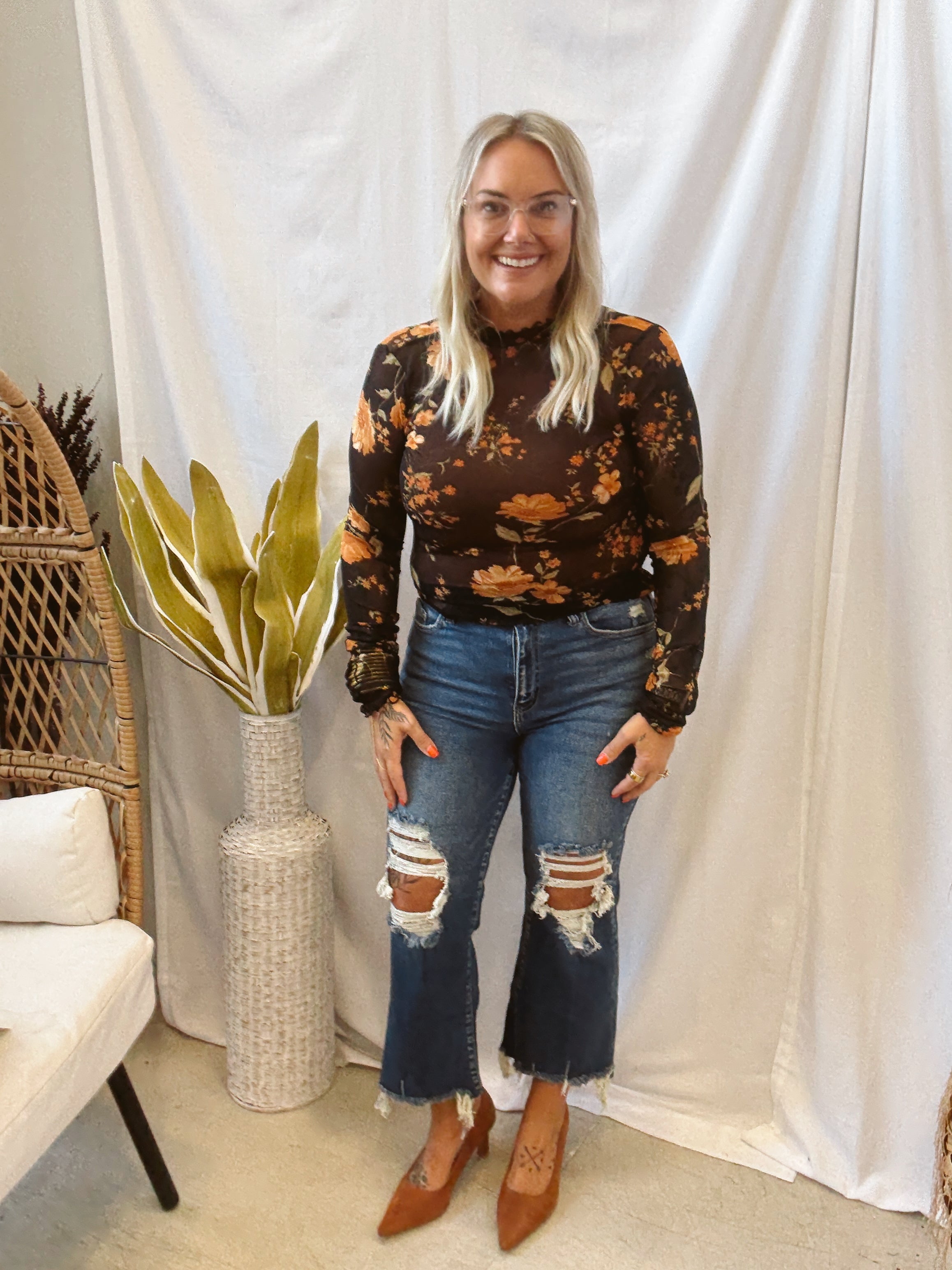 Black Print Mesh Long Sleeve Top-Long Sleeve Tops-hem and thread-The Silo Boutique, Women's Fashion Boutique Located in Warren and Grand Forks North Dakota