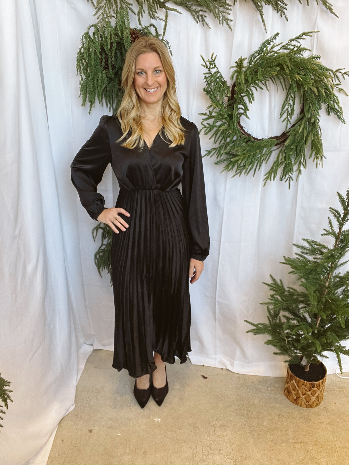 Satin Pleated Dress-Black-Sweaters-she and sky-The Silo Boutique, Women's Fashion Boutique Located in Warren and Grand Forks North Dakota