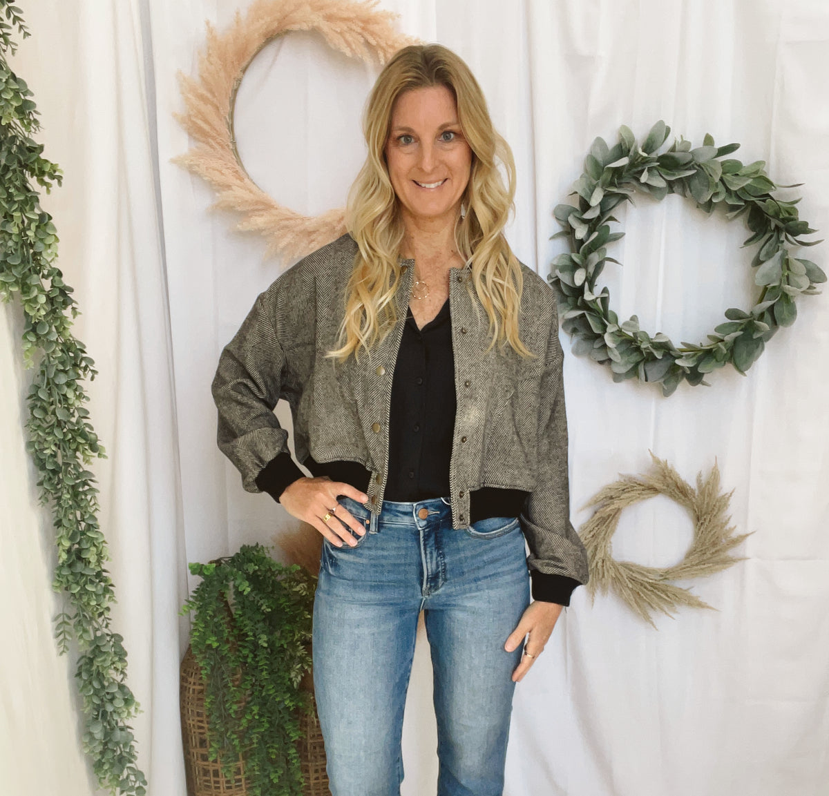Muse Herringbone Bomber Jacket-Black-Vests-miou muse-The Silo Boutique, Women's Fashion Boutique Located in Warren and Grand Forks North Dakota