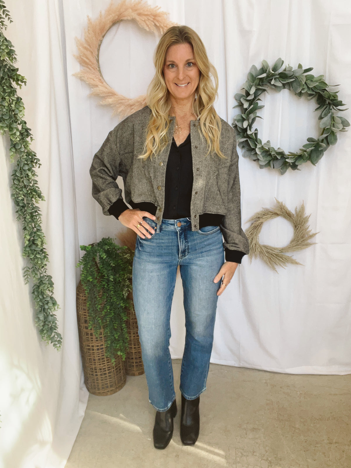 Muse Herringbone Bomber Jacket-Black-Vests-miou muse-The Silo Boutique, Women's Fashion Boutique Located in Warren and Grand Forks North Dakota