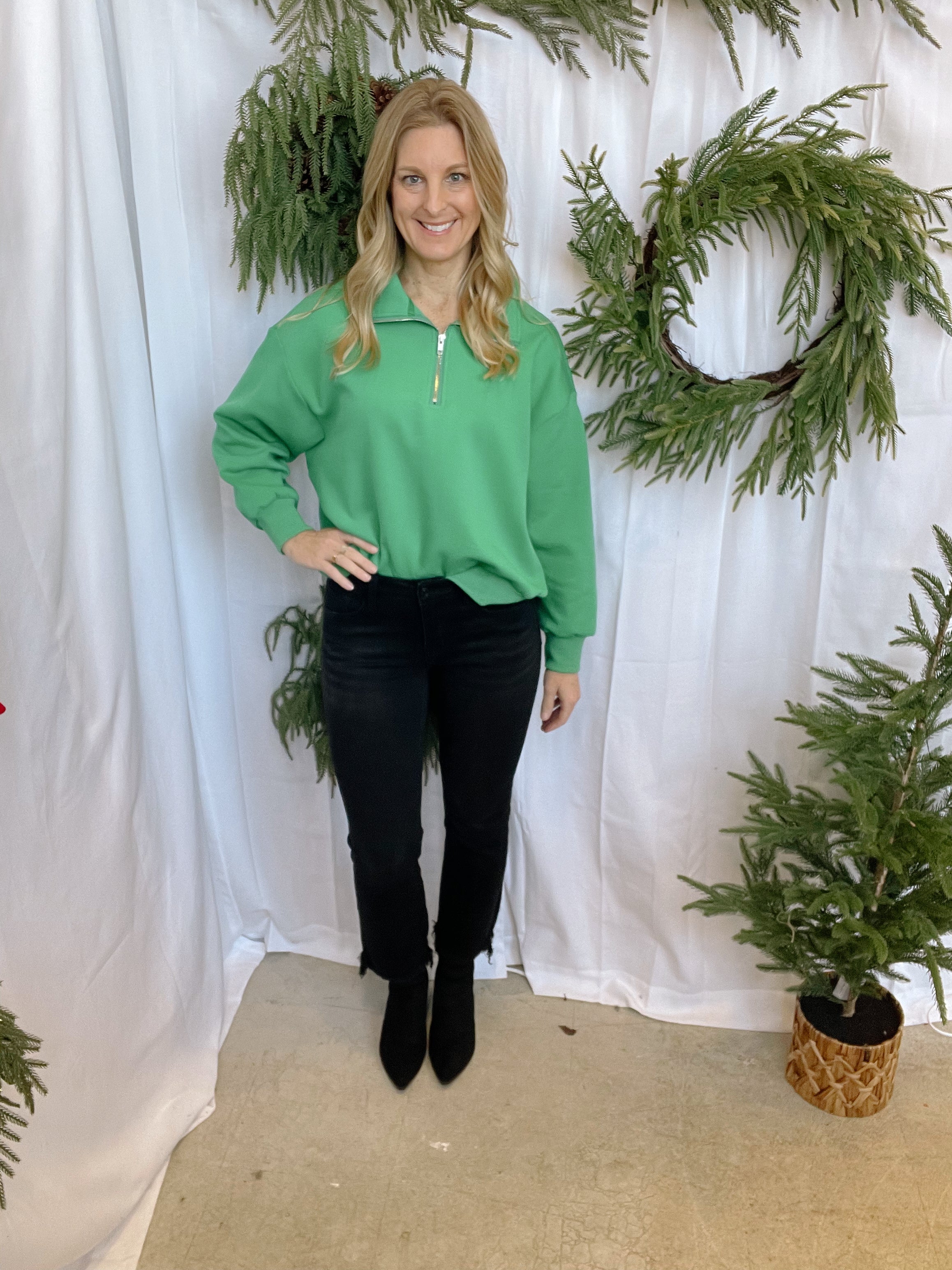 Kelly Green Quarter Zip Sweater-Sweaters-she and sky-The Silo Boutique, Women's Fashion Boutique Located in Warren and Grand Forks North Dakota