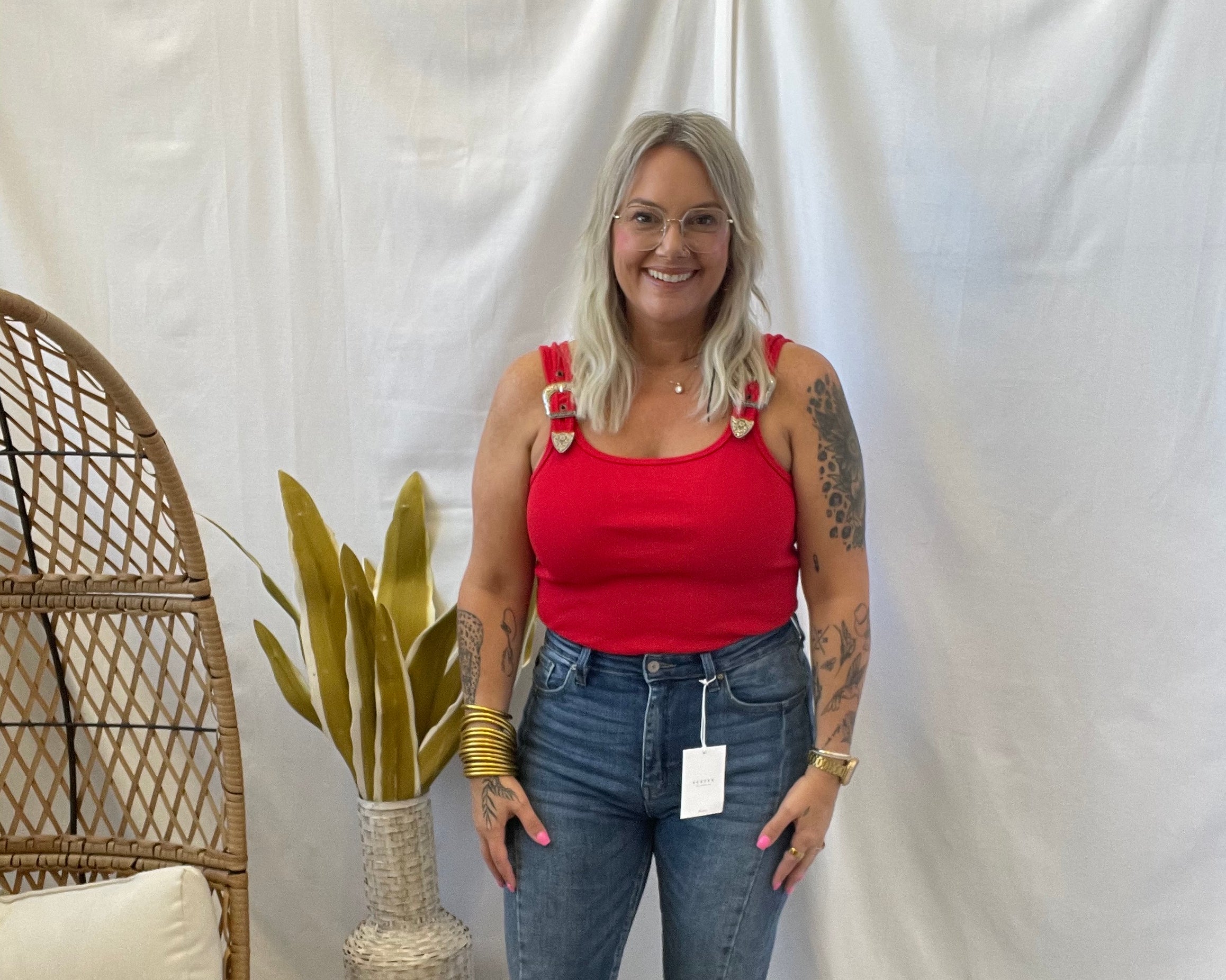 Ribbed Buckle Tank Top Bodysuit-Red-Tank Tops-blue B-The Silo Boutique, Women's Fashion Boutique Located in Warren and Grand Forks North Dakota