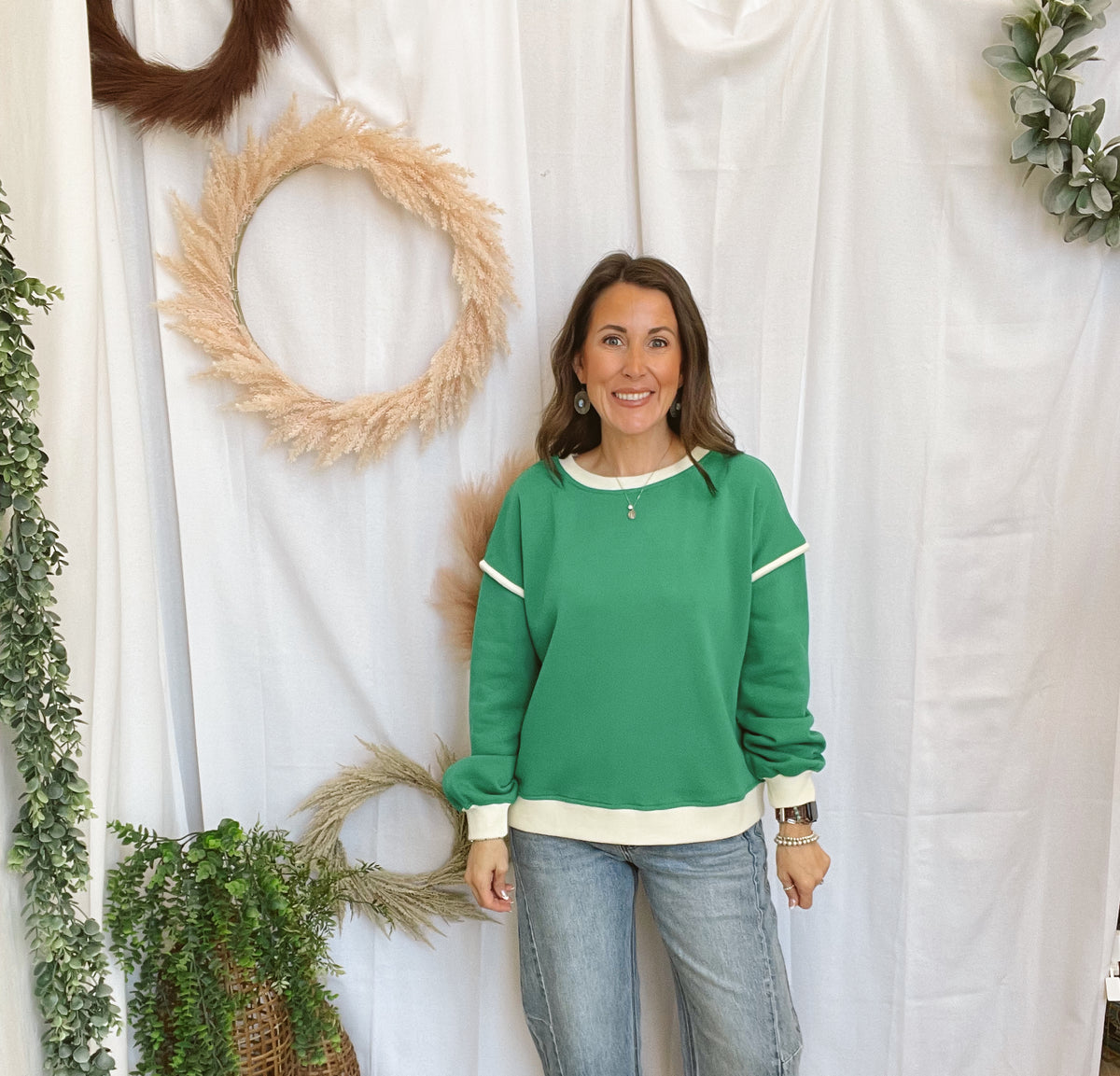 Karen Piping Detail Sweatshirt-Green-Sweatshirts-Zenana-The Silo Boutique, Women's Fashion Boutique Located in Warren and Grand Forks North Dakota