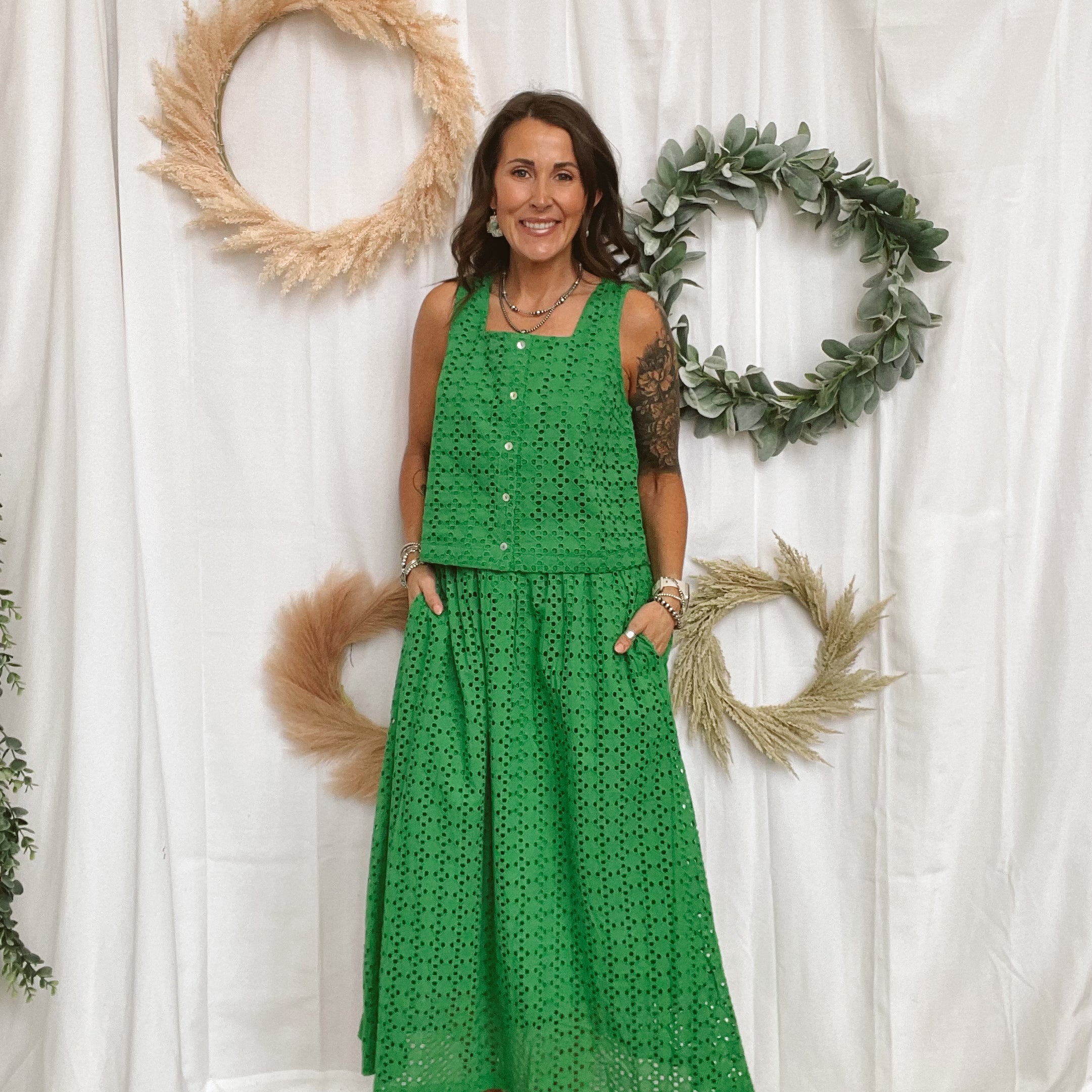 Eyelet Button Tank Top-Green-Tank Tops-entro-The Silo Boutique, Women's Fashion Boutique Located in Warren and Grand Forks North Dakota