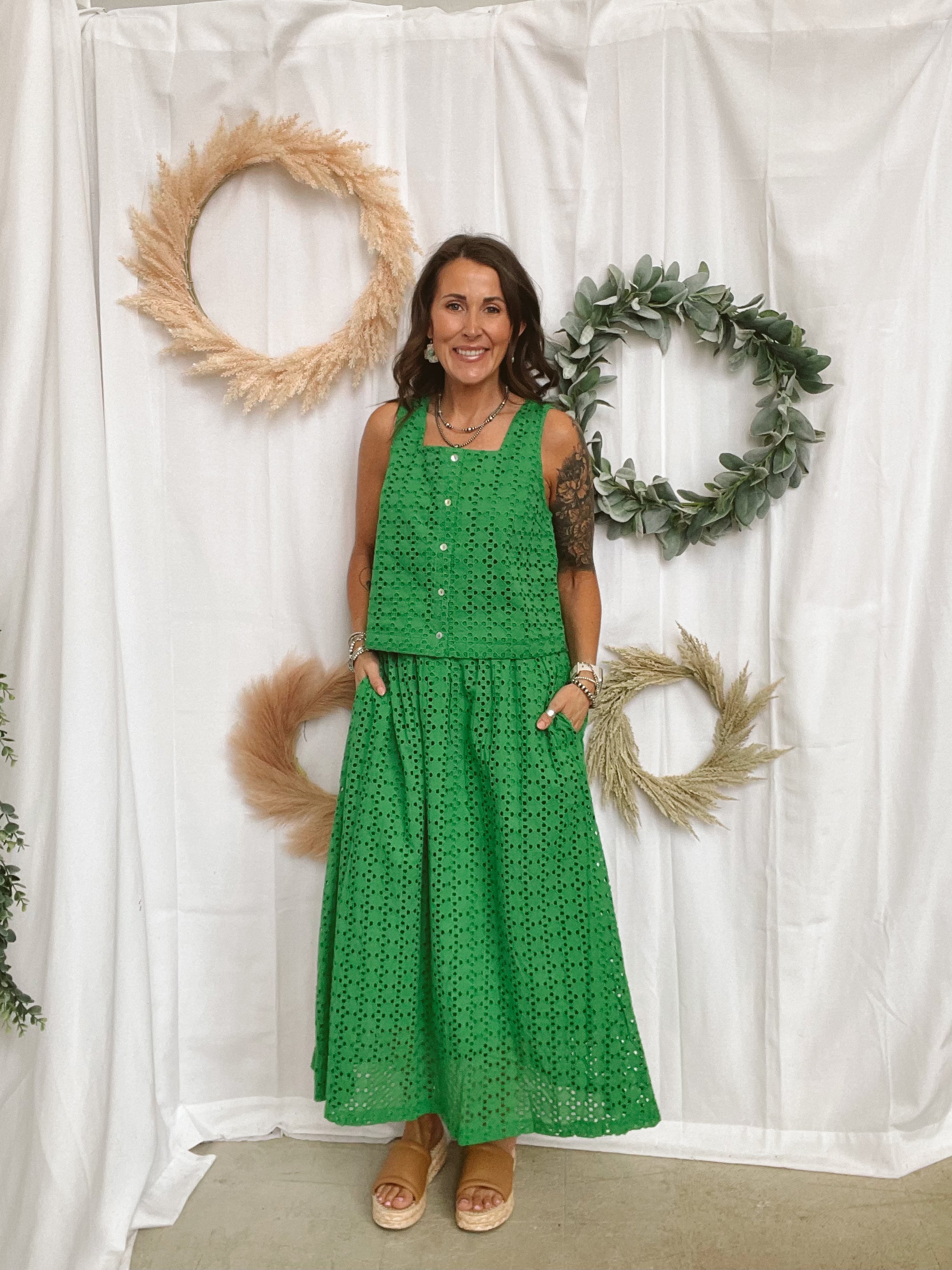 Eyelet Button Tank Top-Green-Tank Tops-entro-The Silo Boutique, Women's Fashion Boutique Located in Warren and Grand Forks North Dakota