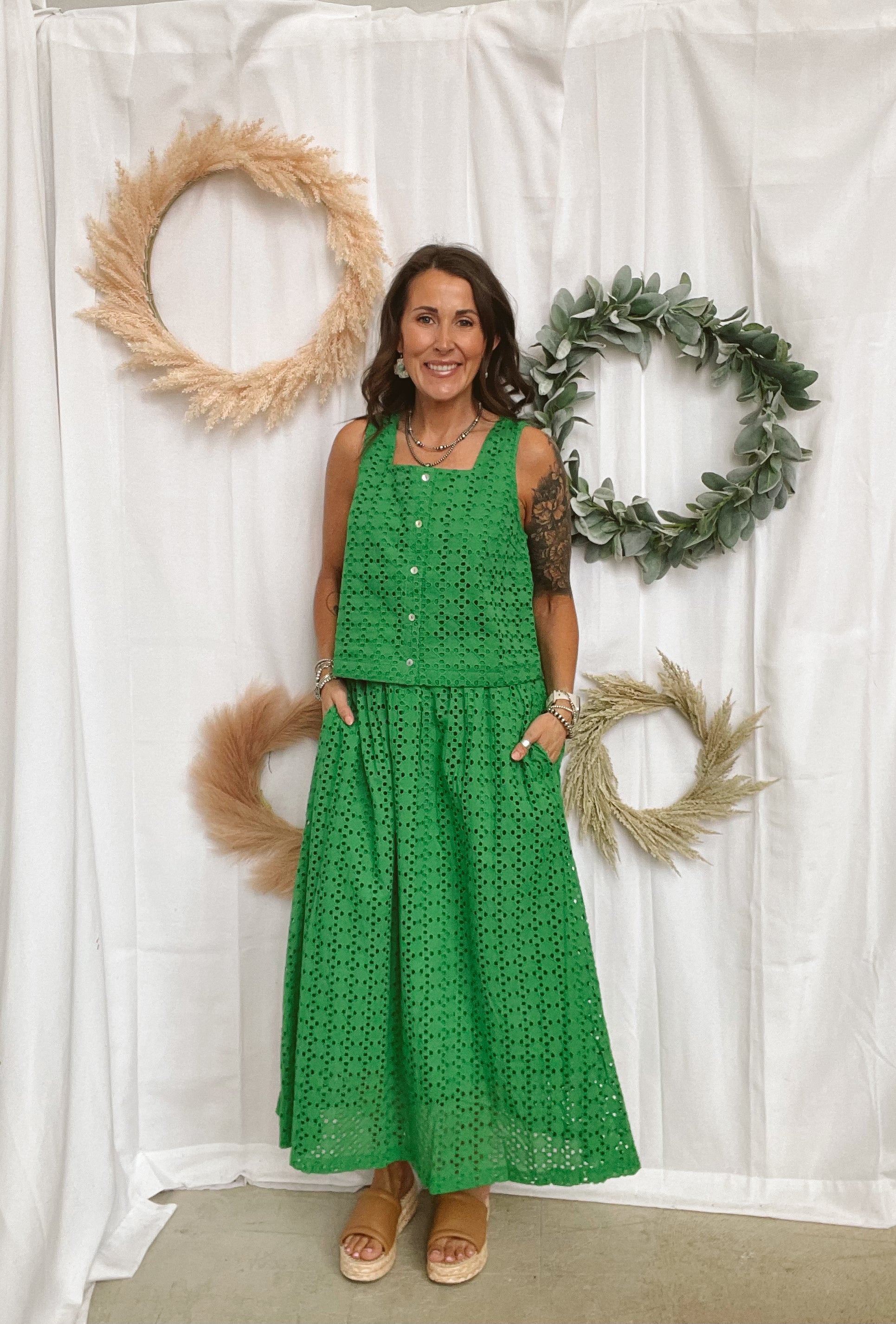 Eyelet Button Tank Top-Green-Tank Tops-entro-The Silo Boutique, Women's Fashion Boutique Located in Warren and Grand Forks North Dakota