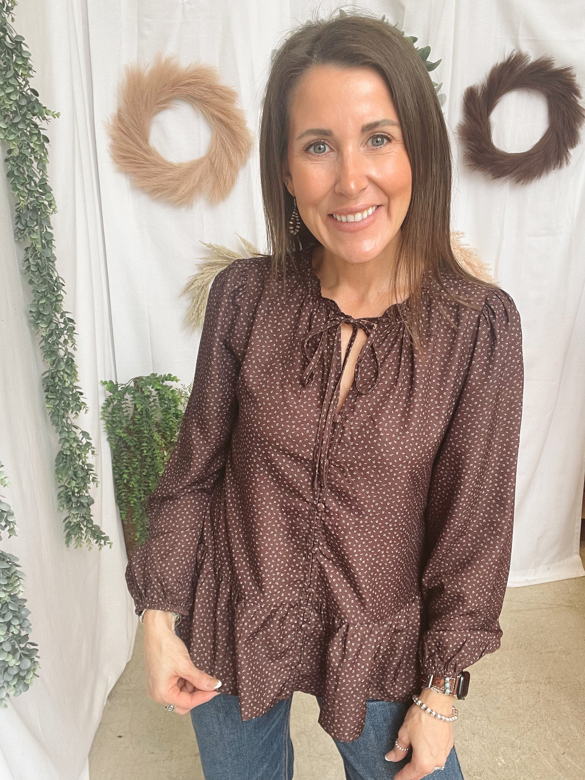 Becky Ruffle Tie Top-Brown-Long Sleeve Tops-staccato-The Silo Boutique, Women's Fashion Boutique Located in Warren and Grand Forks North Dakota