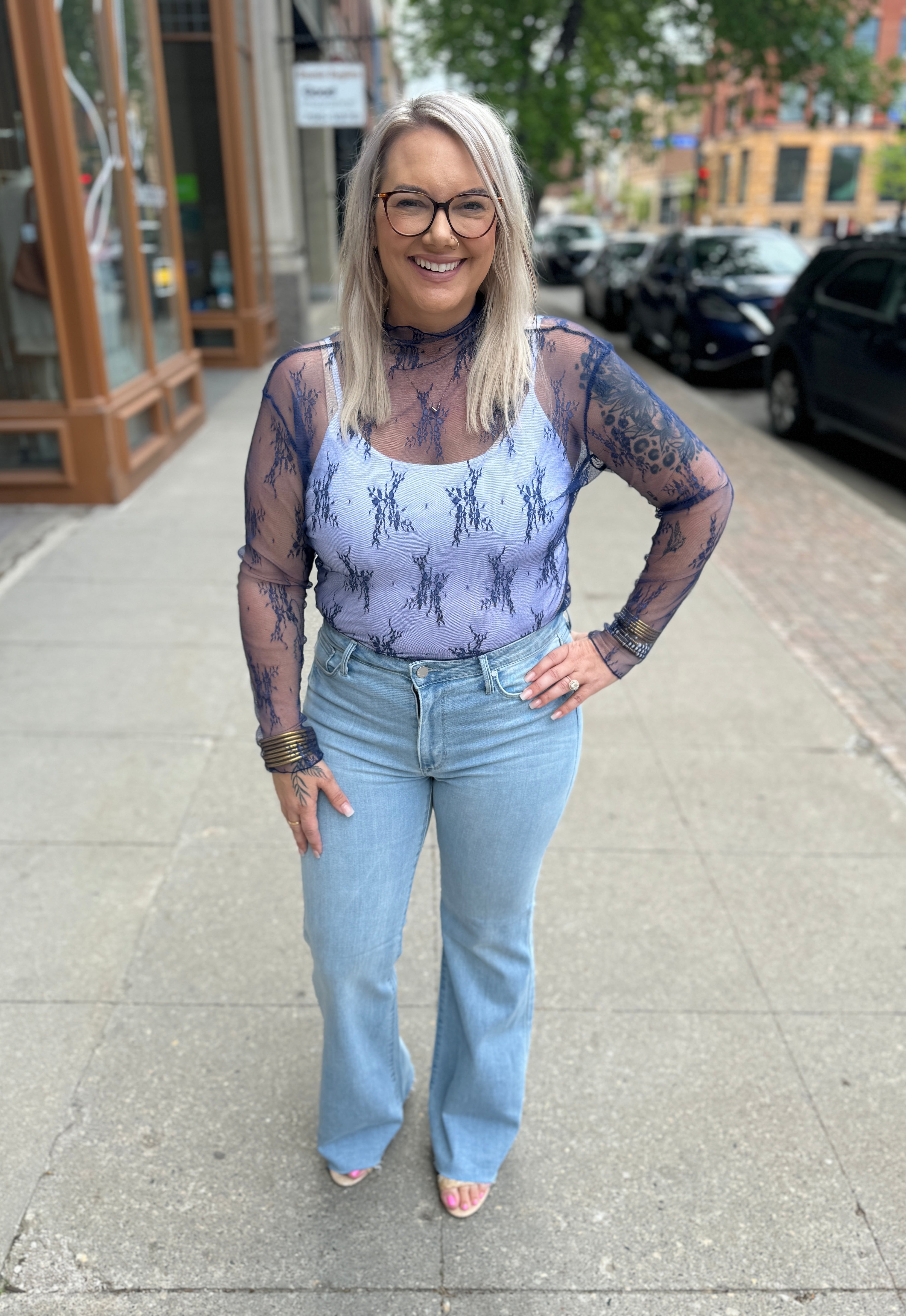 Blue Lacey Mesh Top-Long Sleeve Tops-la ra-The Silo Boutique, Women's Fashion Boutique Located in Warren and Grand Forks North Dakota