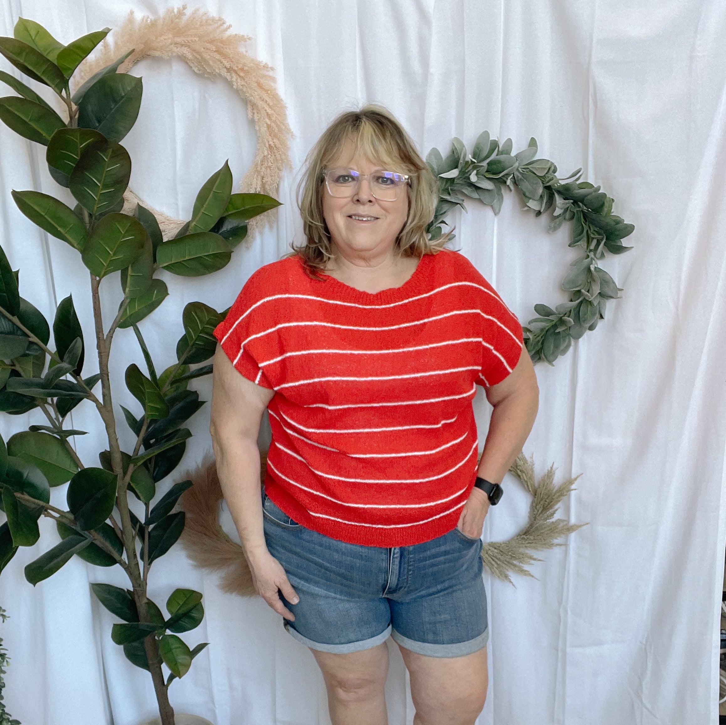 Tomato Striped Sweater Top-Short Sleeve Tops-cozy co-The Silo Boutique, Women's Fashion Boutique Located in Warren and Grand Forks North Dakota