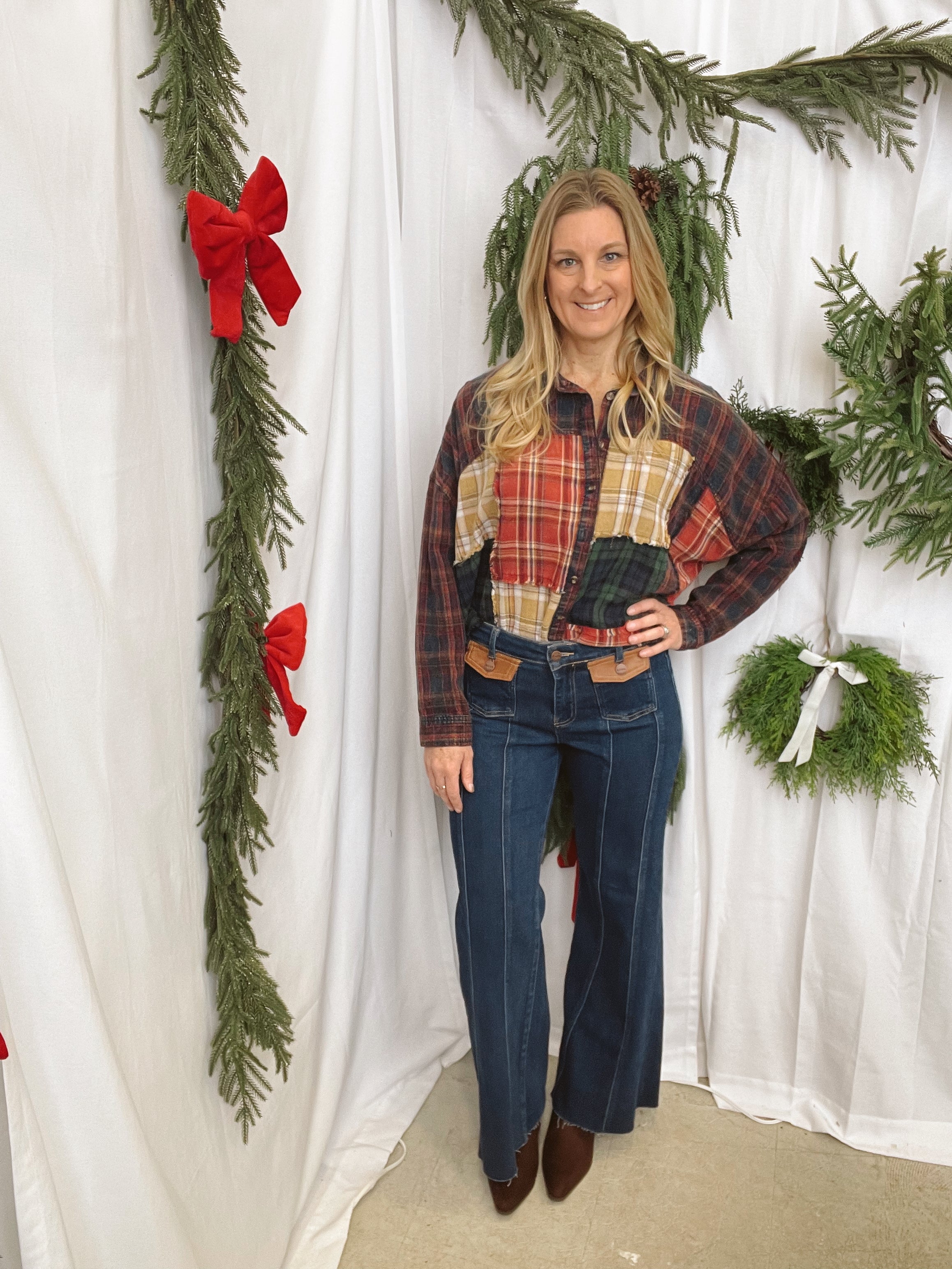 Patchwork Plaid Button Down Top-Long Sleeve Tops-kori-The Silo Boutique, Women's Fashion Boutique Located in Warren and Grand Forks North Dakota