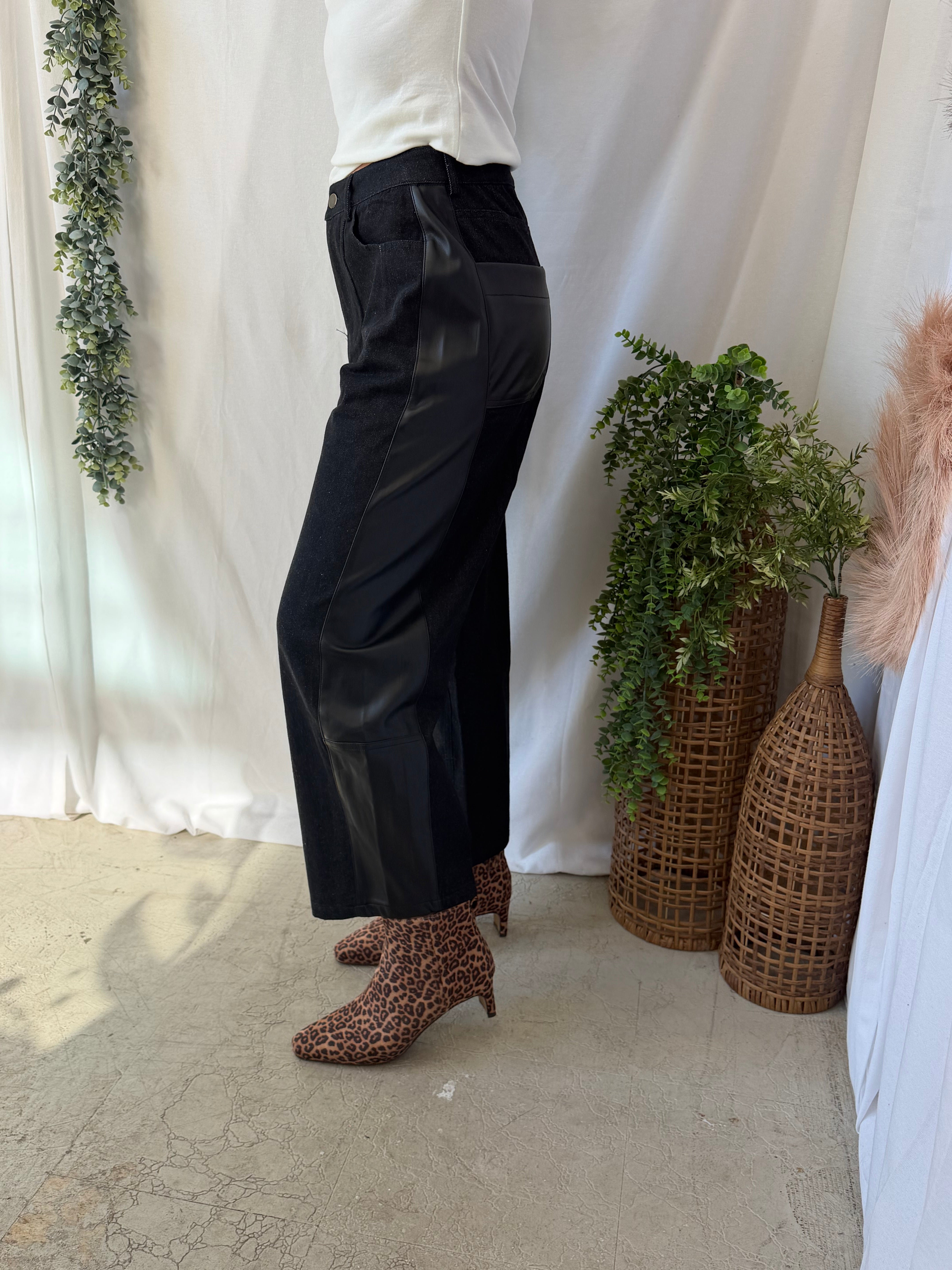 Muse Denim and Leather Mix Jeans-Jeans-miou muse-The Silo Boutique, Women's Fashion Boutique Located in Warren and Grand Forks North Dakota