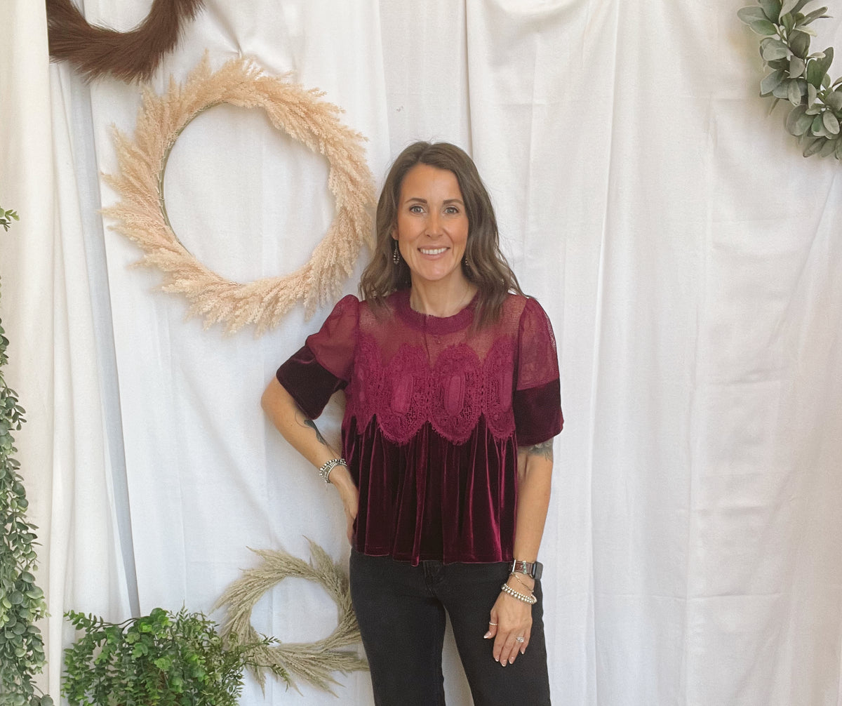 Velvet Scallop Top-Burgundy-Short Sleeve Tops-hem and thread-The Silo Boutique, Women's Fashion Boutique Located in Warren and Grand Forks North Dakota
