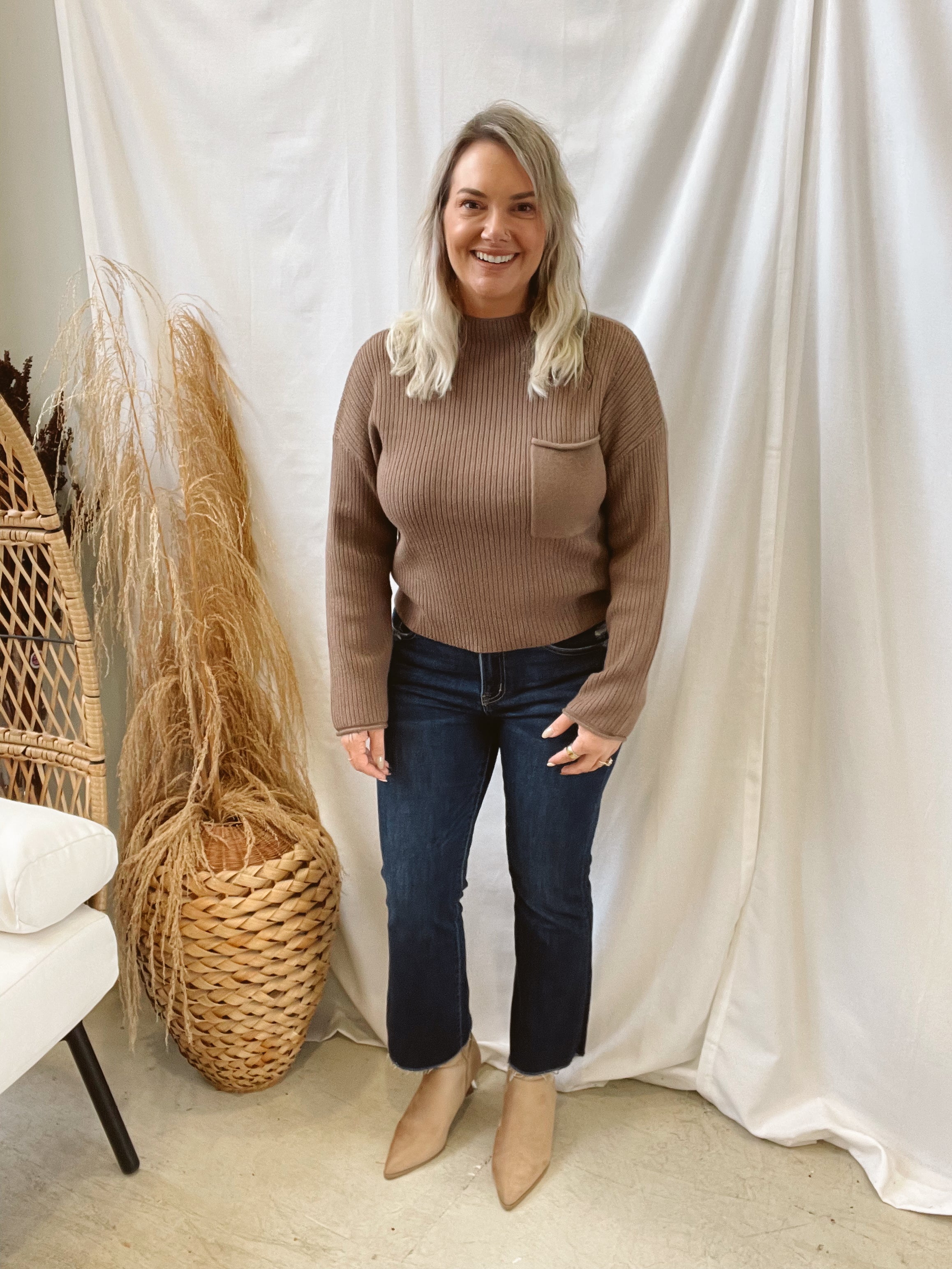 Pocket Detail Sweater-Mocha-Sweaters-blu pepper-The Silo Boutique, Women's Fashion Boutique Located in Warren and Grand Forks North Dakota