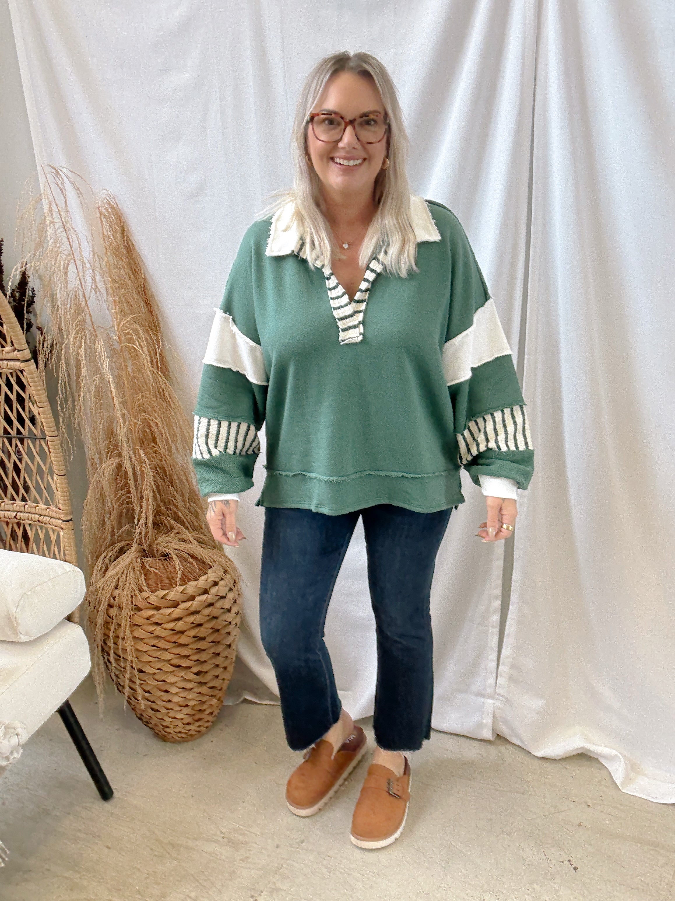 Green and Ivory Collared Oversized Sweatshirt-Long Sleeve Tops-bucketlist-The Silo Boutique, Women's Fashion Boutique Located in Warren and Grand Forks North Dakota