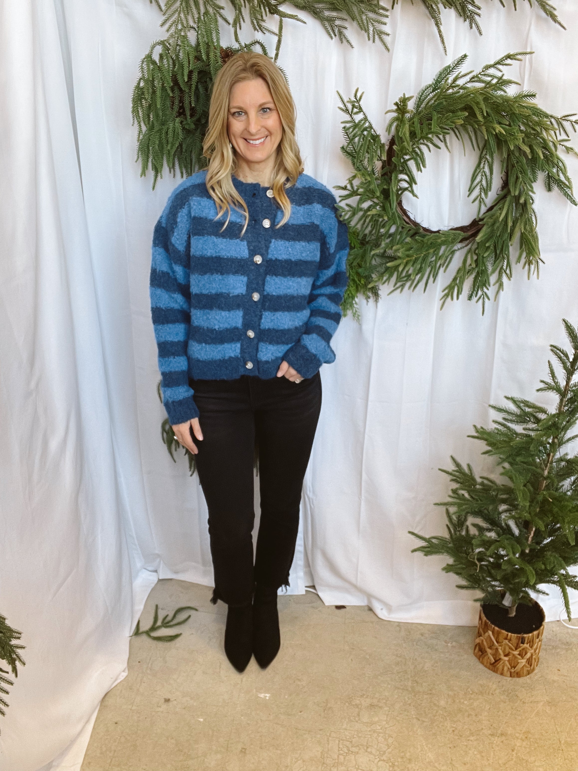 Blue Stripe Brushed Cardigan-Cardigans-wishlist-The Silo Boutique, Women's Fashion Boutique Located in Warren and Grand Forks North Dakota