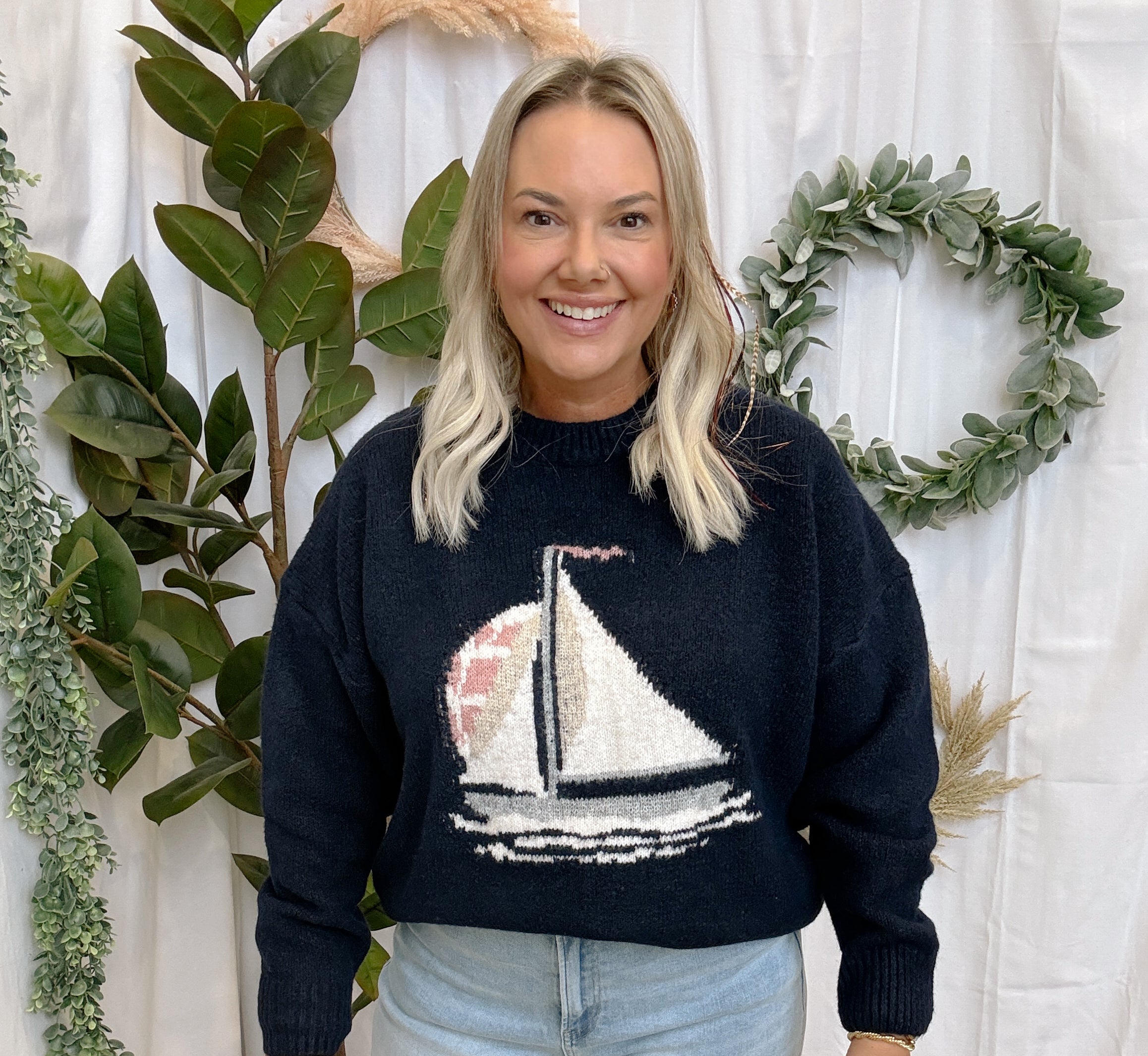 Navy Sailboat Knit Sweater-Sweaters-wishlist-The Silo Boutique, Women's Fashion Boutique Located in Warren and Grand Forks North Dakota