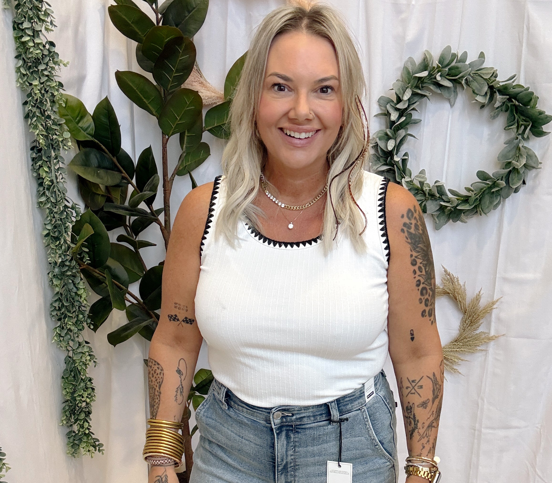 Blanket Stitch Tank Top-Black-Short Sleeve Tops-staccato-The Silo Boutique, Women's Fashion Boutique Located in Warren and Grand Forks North Dakota
