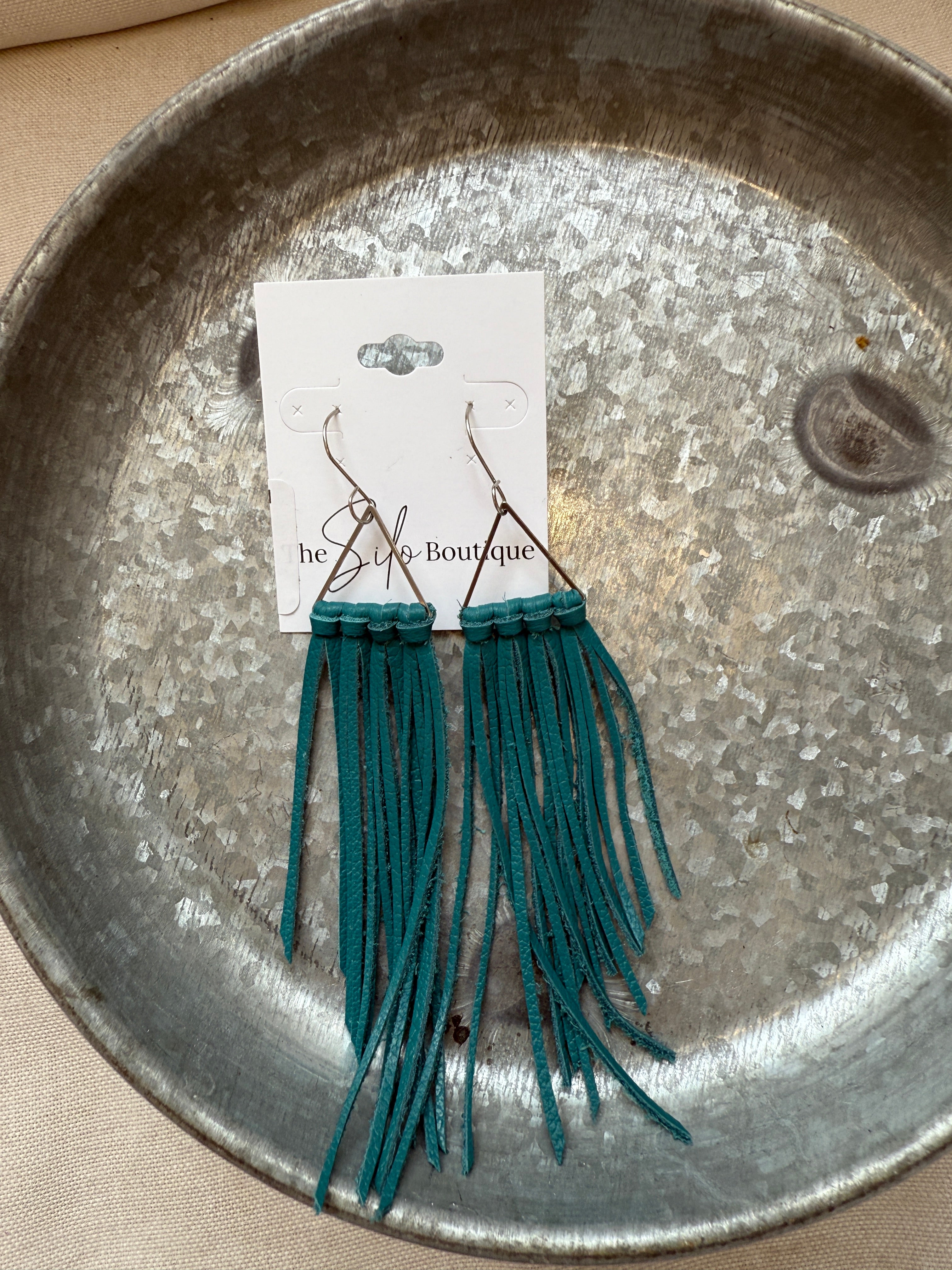 Corvallis Triangle Fringe-Teal-Earrings-fringe with faith-The Silo Boutique, Women's Fashion Boutique Located in Warren and Grand Forks North Dakota