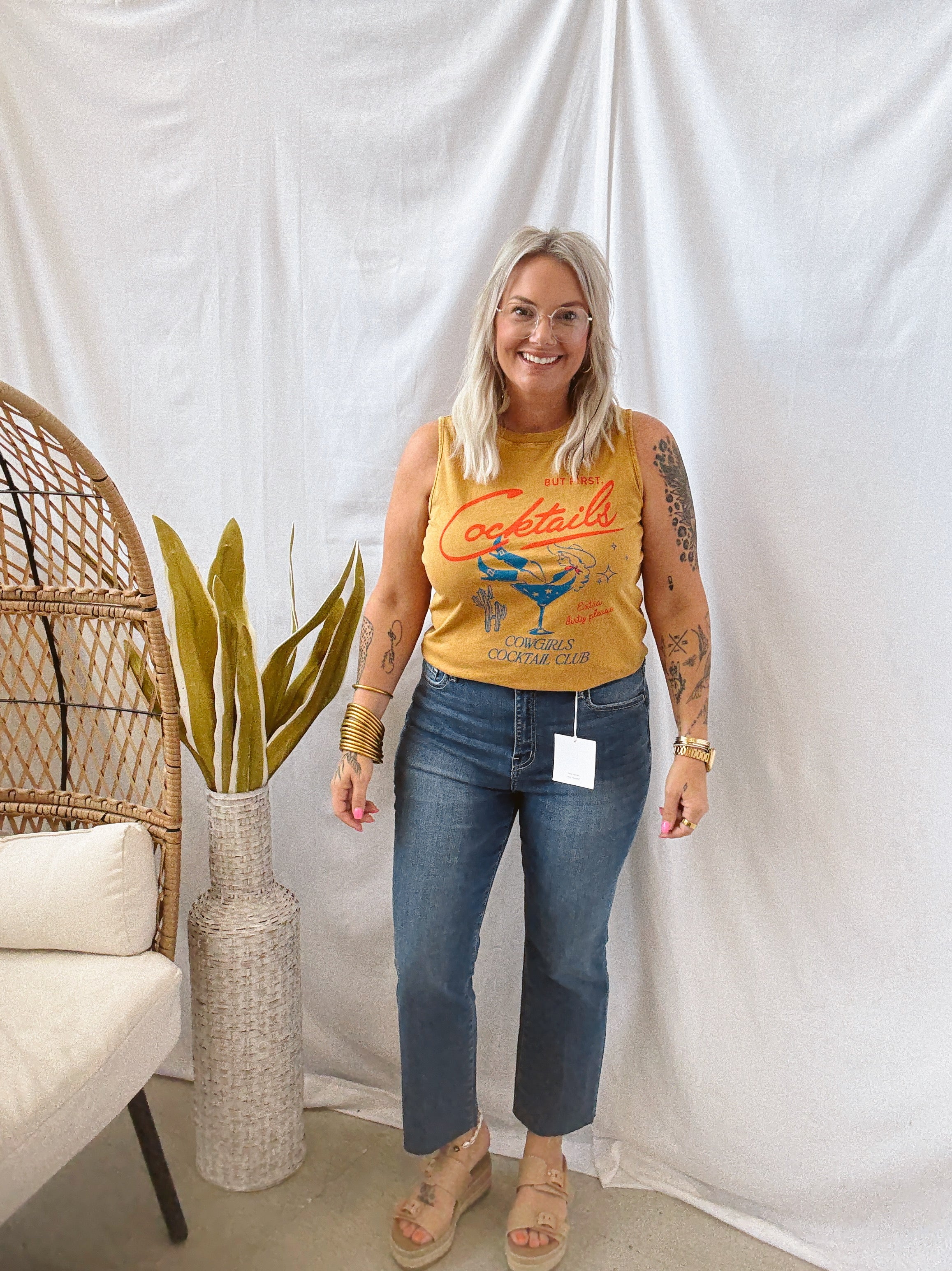 But First Cocktails Tank-Mustard-Tank Tops-heart and luv-The Silo Boutique, Women's Fashion Boutique Located in Warren and Grand Forks North Dakota