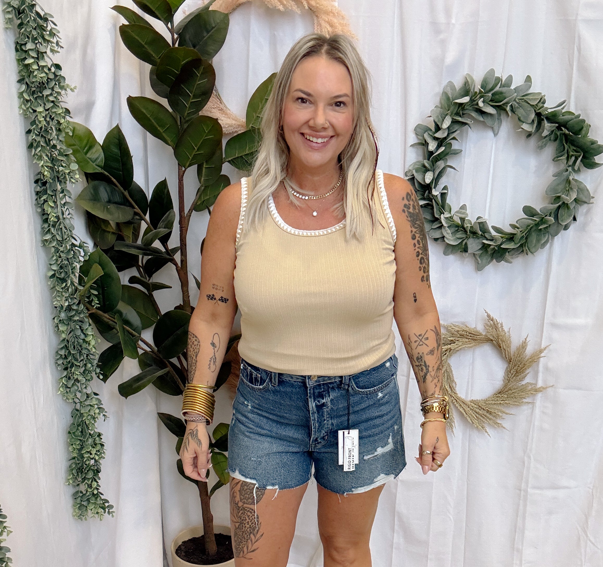 Blanket Stitch Tank Top-Taupe-Short Sleeve Tops-staccato-The Silo Boutique, Women's Fashion Boutique Located in Warren and Grand Forks North Dakota