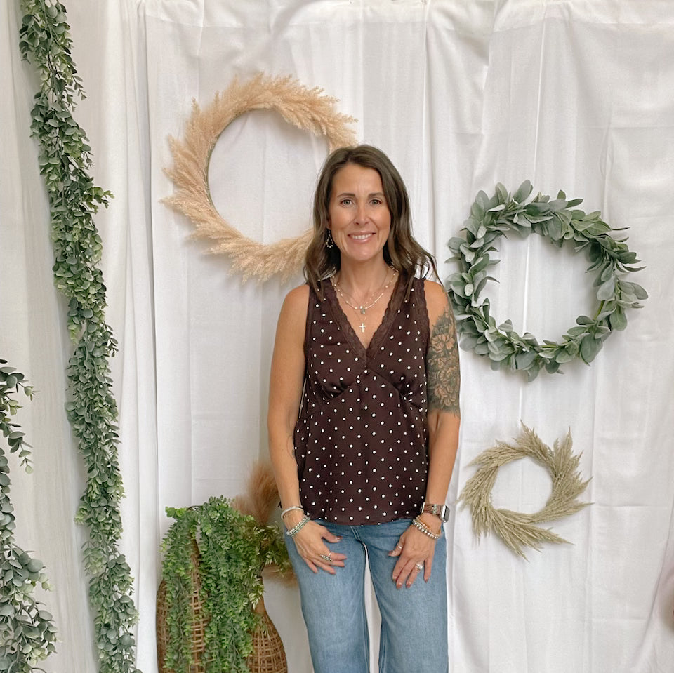 Polka Dot Satin Lace Tank Top-Tank Tops-skies are blue-The Silo Boutique, Women's Fashion Boutique Located in Warren and Grand Forks North Dakota