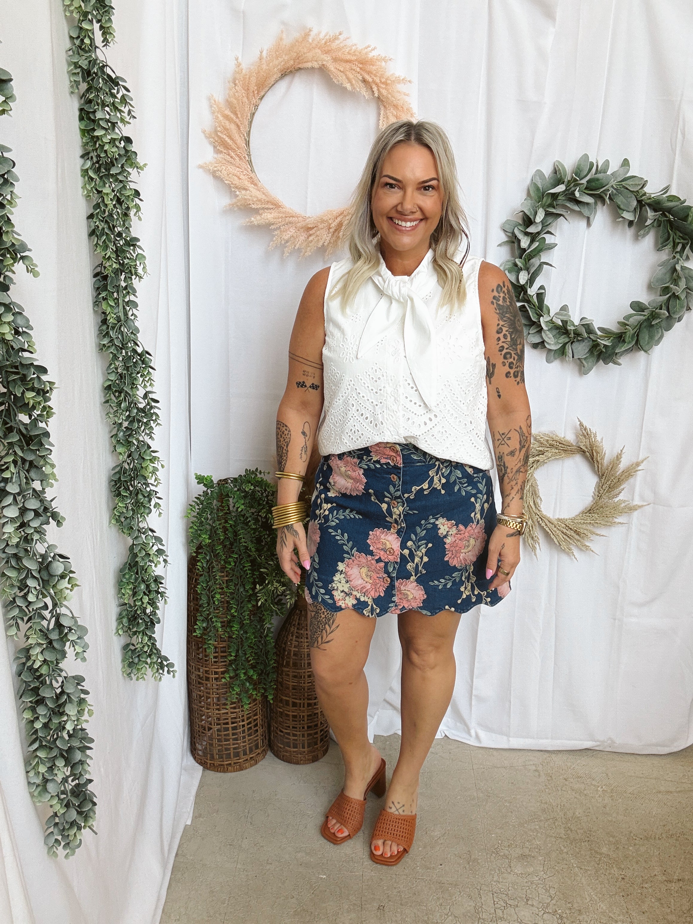 Elsa Floral Denim Skirt-Skirts-entro-The Silo Boutique, Women's Fashion Boutique Located in Warren and Grand Forks North Dakota