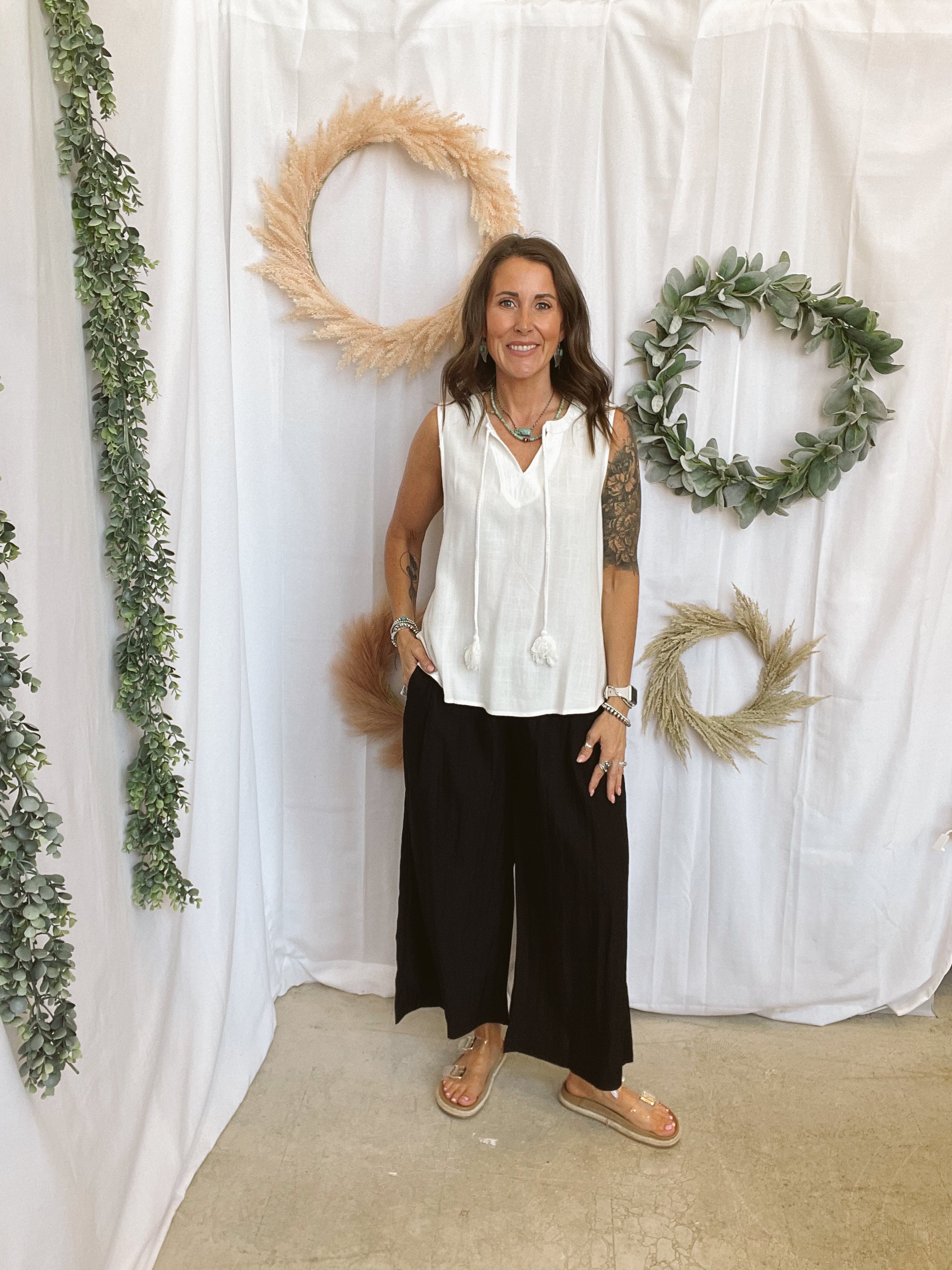 Linen Blend Two-tie Swing Top-White-Tank Tops-be cool-The Silo Boutique, Women's Fashion Boutique Located in Warren and Grand Forks North Dakota
