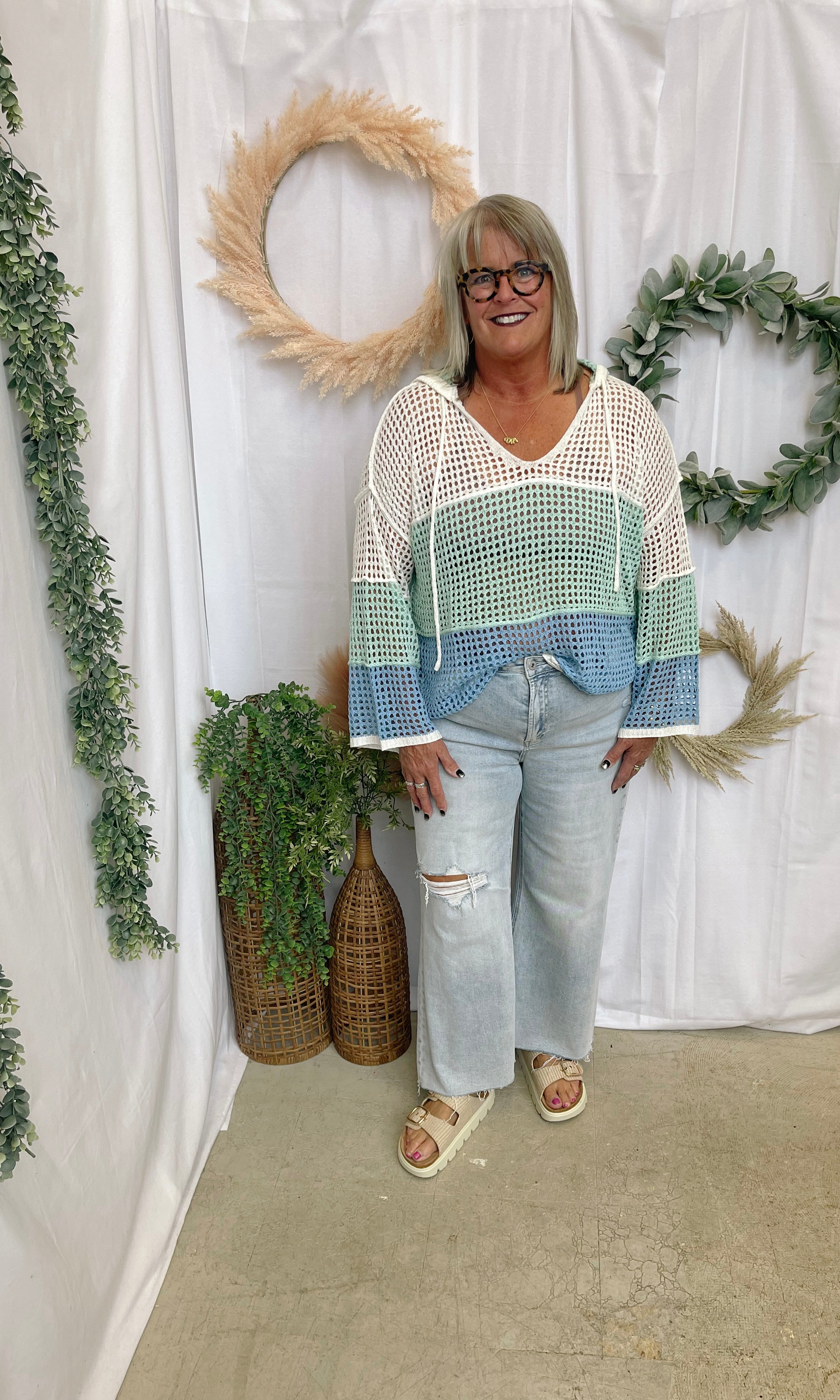Seaglass Hooded Open Knit Sweater-Final Sale-Sweaters-cozy co-The Silo Boutique, Women's Fashion Boutique Located in Warren and Grand Forks North Dakota