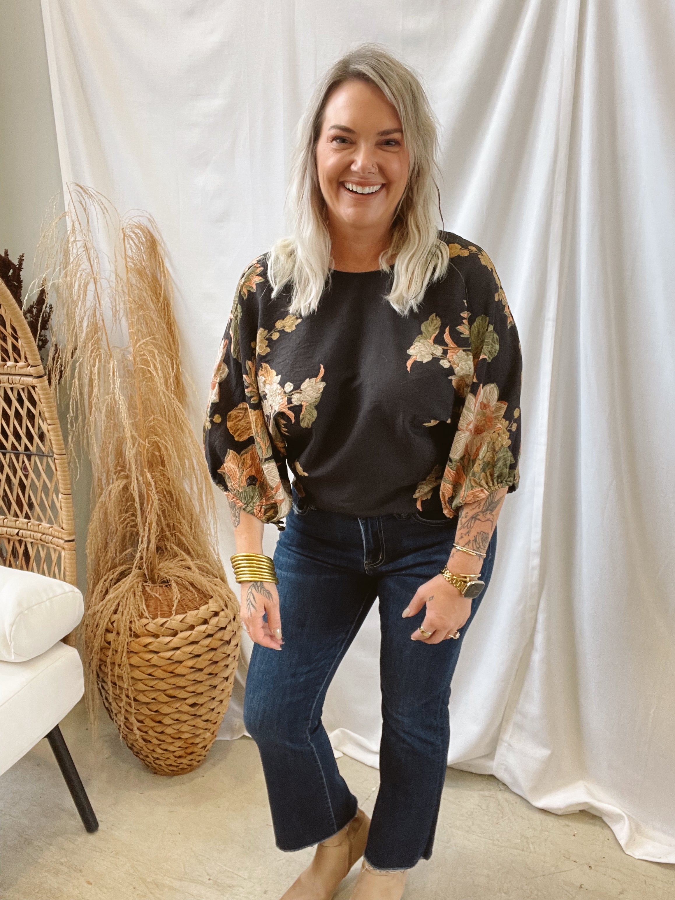 Floral Gathered Sleeve Top-Black-Short Sleeve Tops-ENTRO-The Silo Boutique, Women's Fashion Boutique Located in Warren and Grand Forks North Dakota