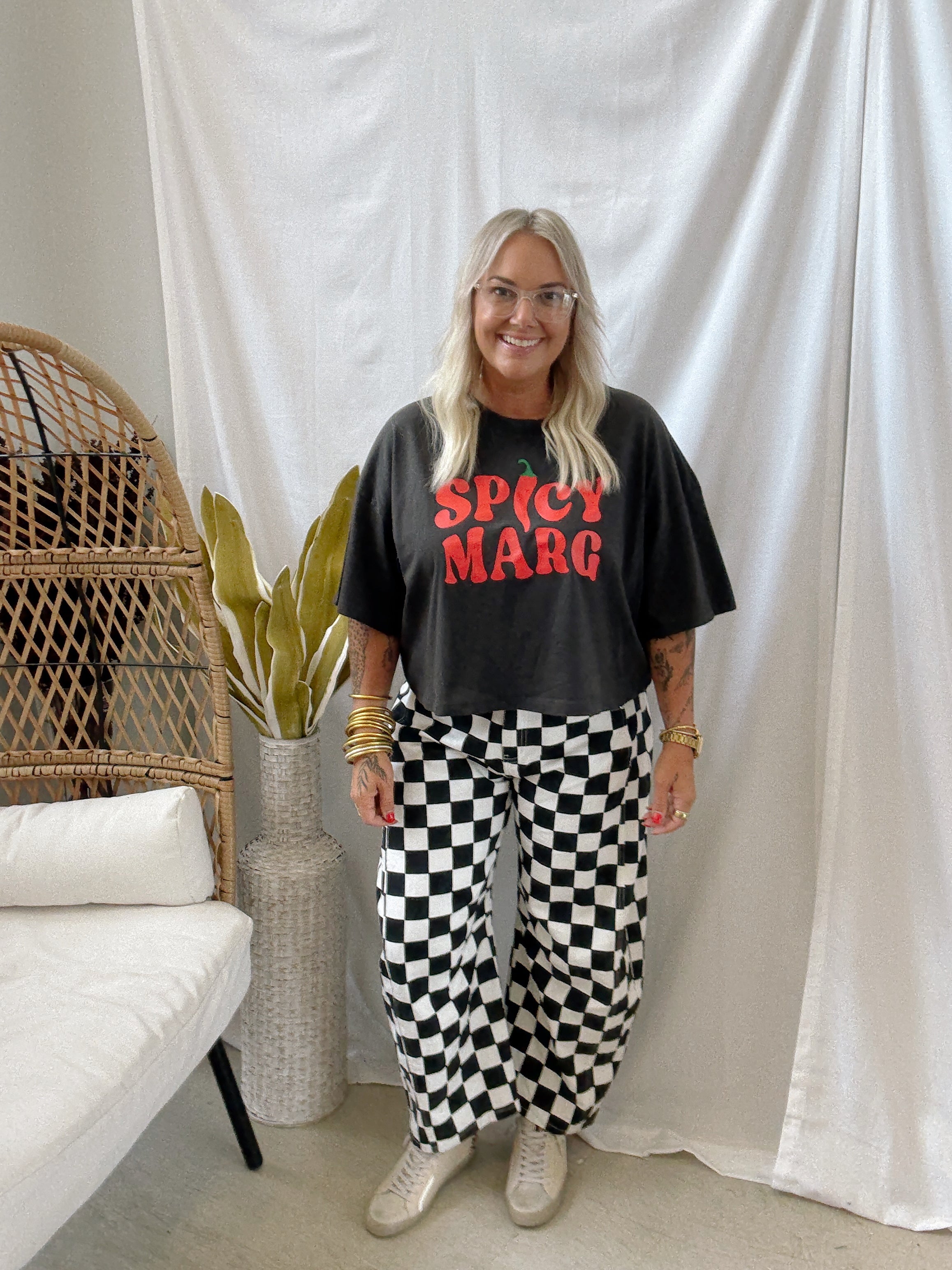 Black and White Check Barrel Jeans-Final Sale-Jeans-oddi-The Silo Boutique, Women's Fashion Boutique Located in Warren and Grand Forks North Dakota