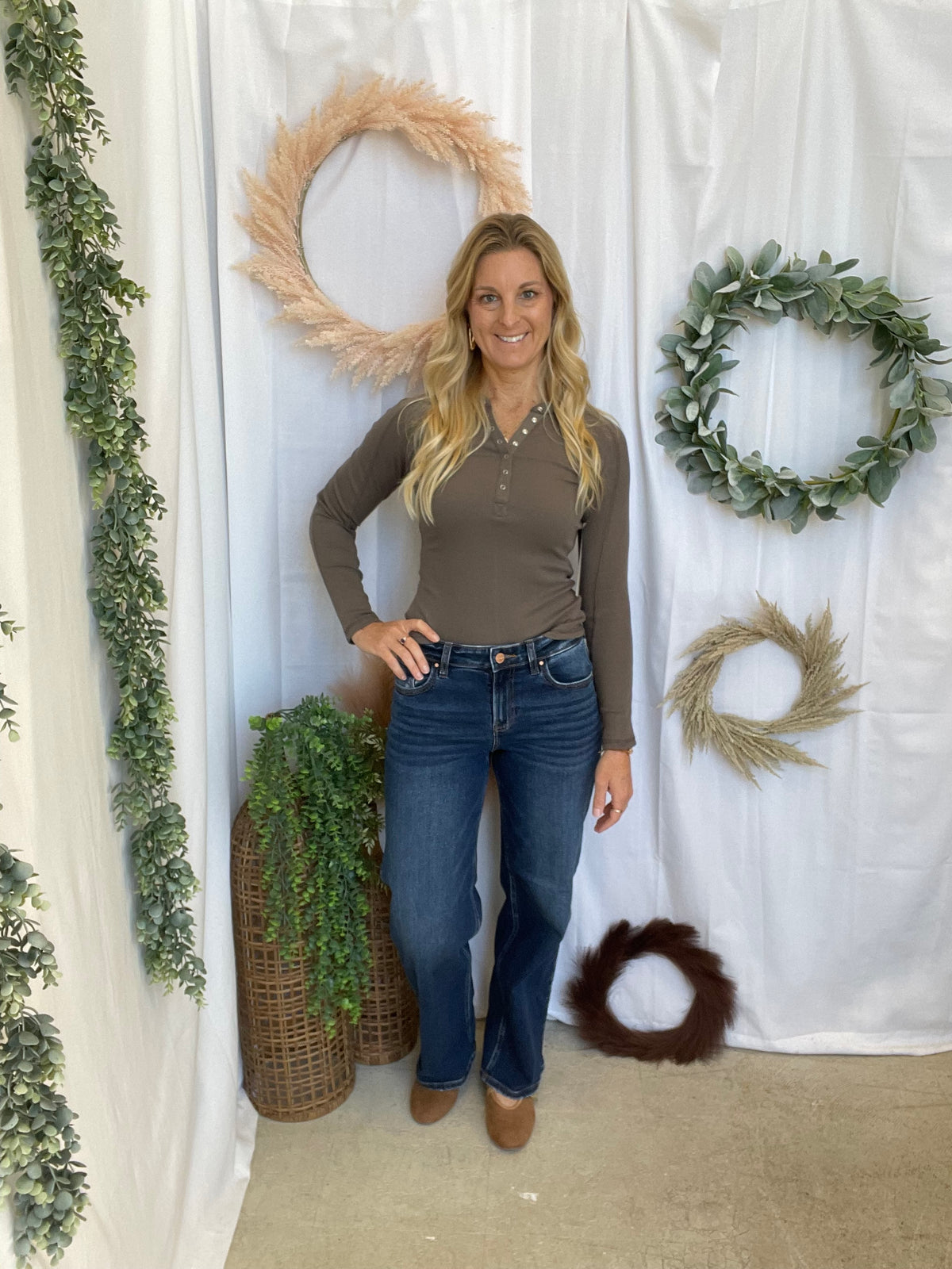 Mono B Essentrial Henley-Truffle-Long Sleeve Tops-mono b-The Silo Boutique, Women's Fashion Boutique Located in Warren and Grand Forks North Dakota
