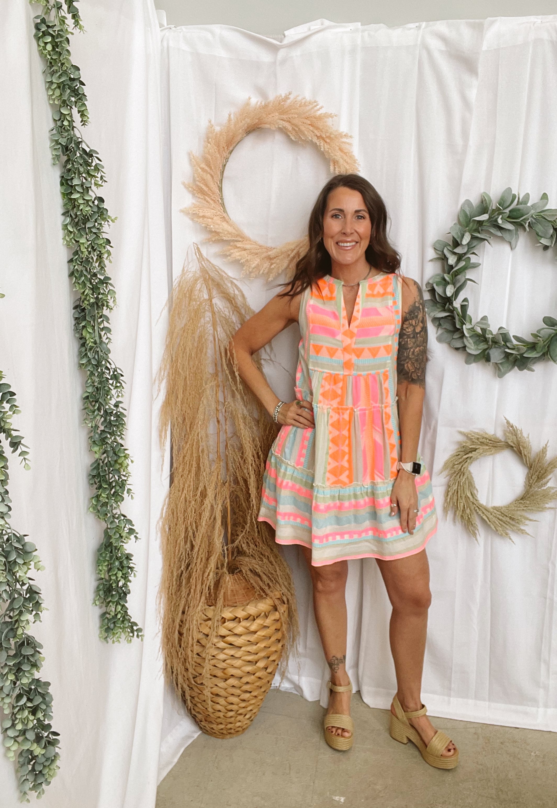 Elan Aztec Neon Dress-Dresses-elan-The Silo Boutique, Women's Fashion Boutique Located in Warren and Grand Forks North Dakota