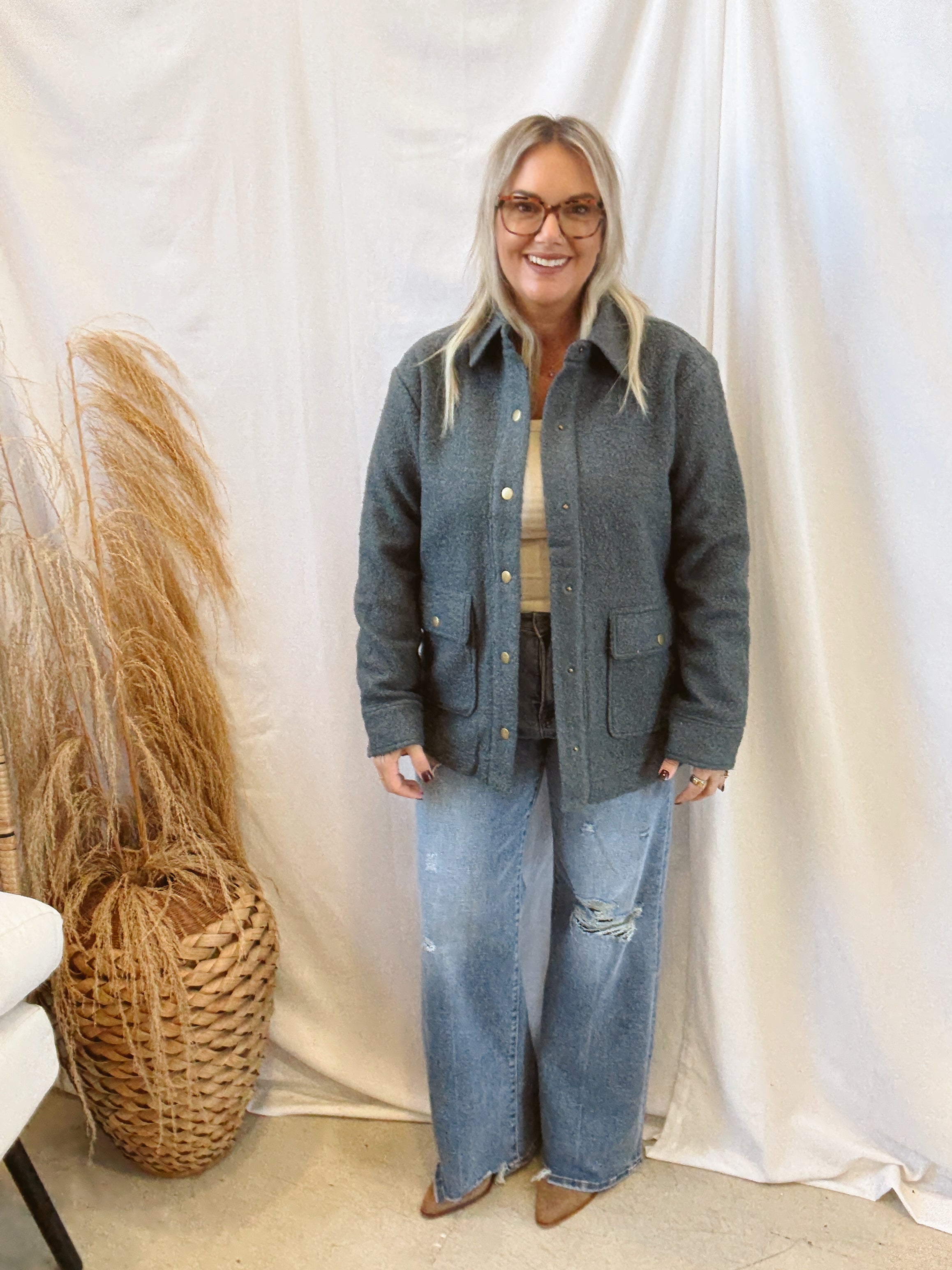 Snap Button Teddy Jacket-Blue-Coats & Jackets-hem and thread-The Silo Boutique, Women's Fashion Boutique Located in Warren and Grand Forks North Dakota
