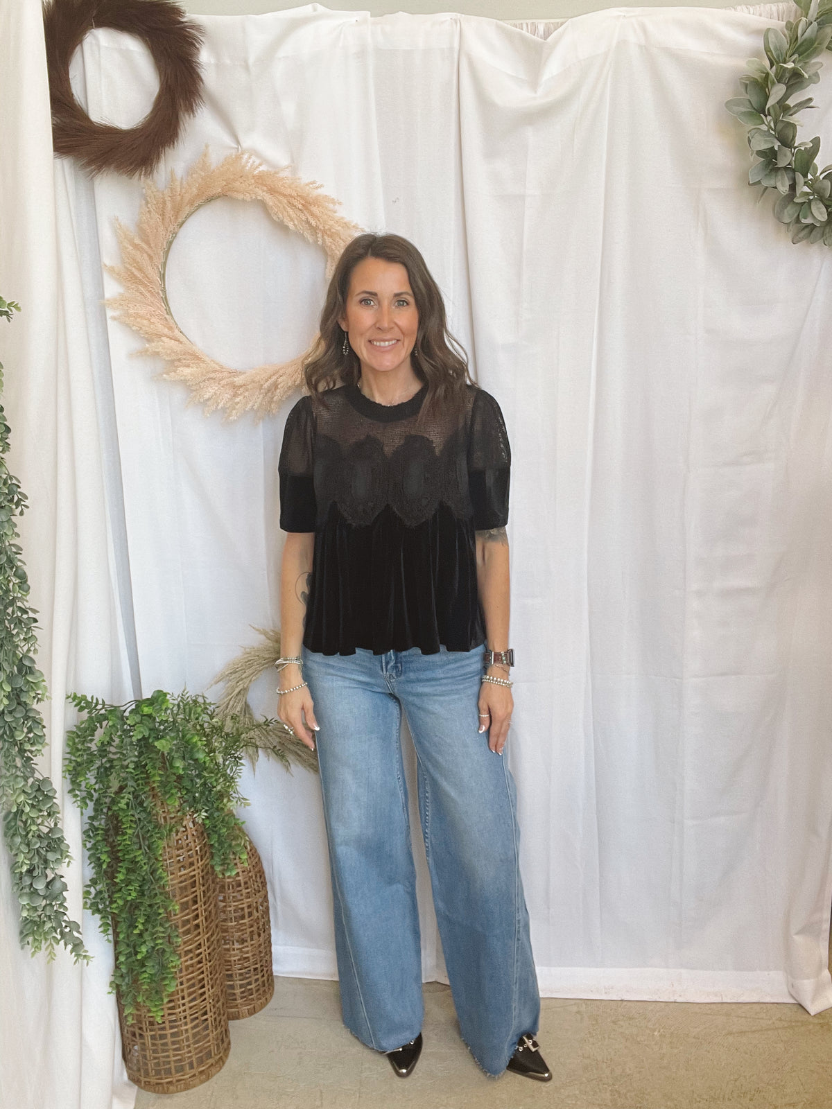 Velvet Scallop Top-Black-Short Sleeve Tops-hem and thread-The Silo Boutique, Women's Fashion Boutique Located in Warren and Grand Forks North Dakota