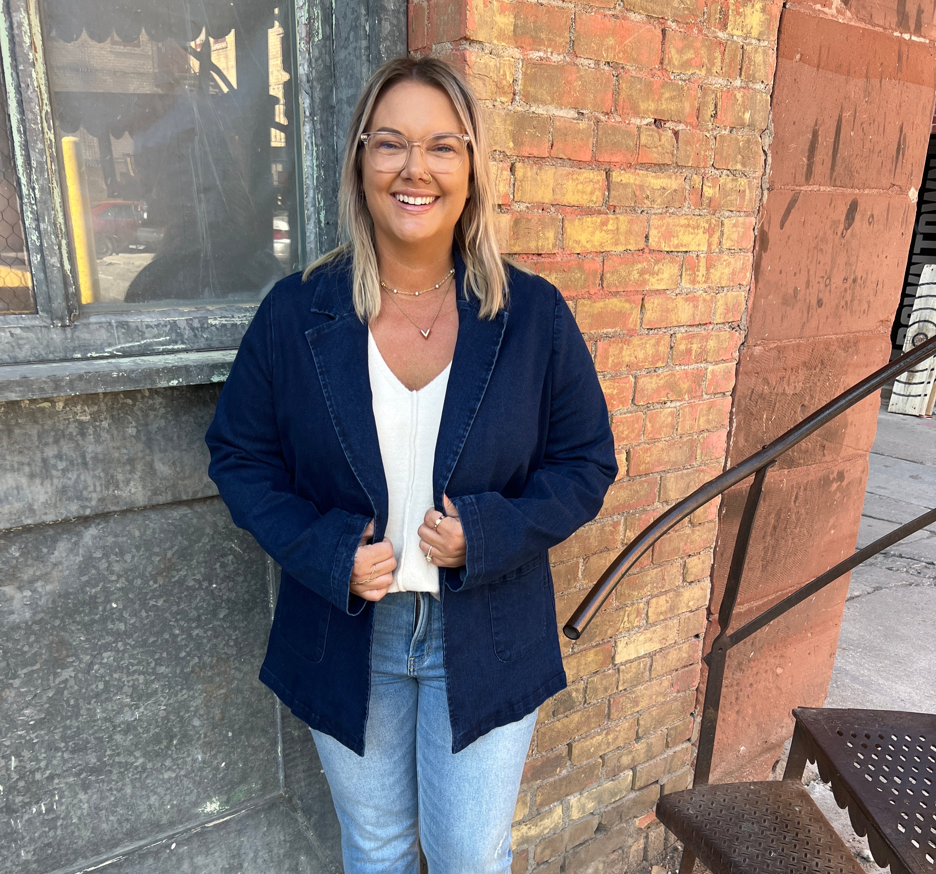 Dark Denim Washed Blazer-Final Sale-Blazers-skies are blue-The Silo Boutique, Women's Fashion Boutique Located in Warren and Grand Forks North Dakota