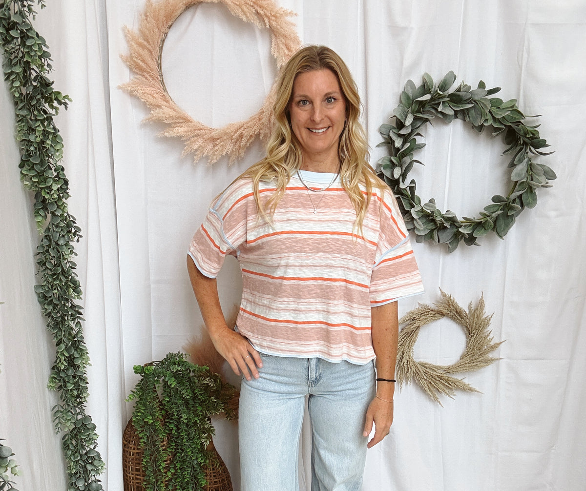 Coral Breeze Striped Tee-Short Sleeve Tops-eesome-The Silo Boutique, Women's Fashion Boutique Located in Warren and Grand Forks North Dakota