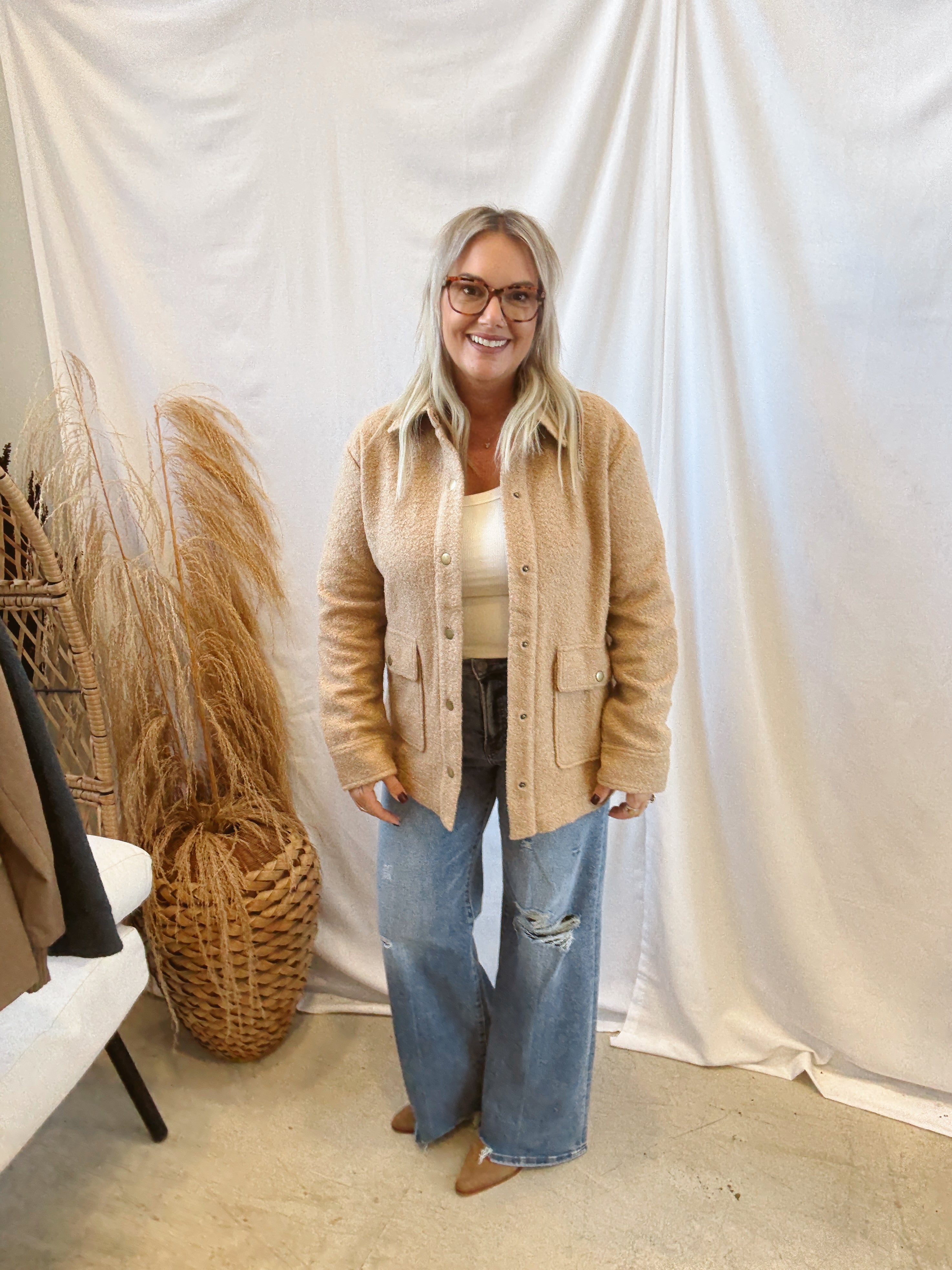 Snap Button Teddy Jacket-Taupe-Coats & Jackets-hem and thread-The Silo Boutique, Women's Fashion Boutique Located in Warren and Grand Forks North Dakota